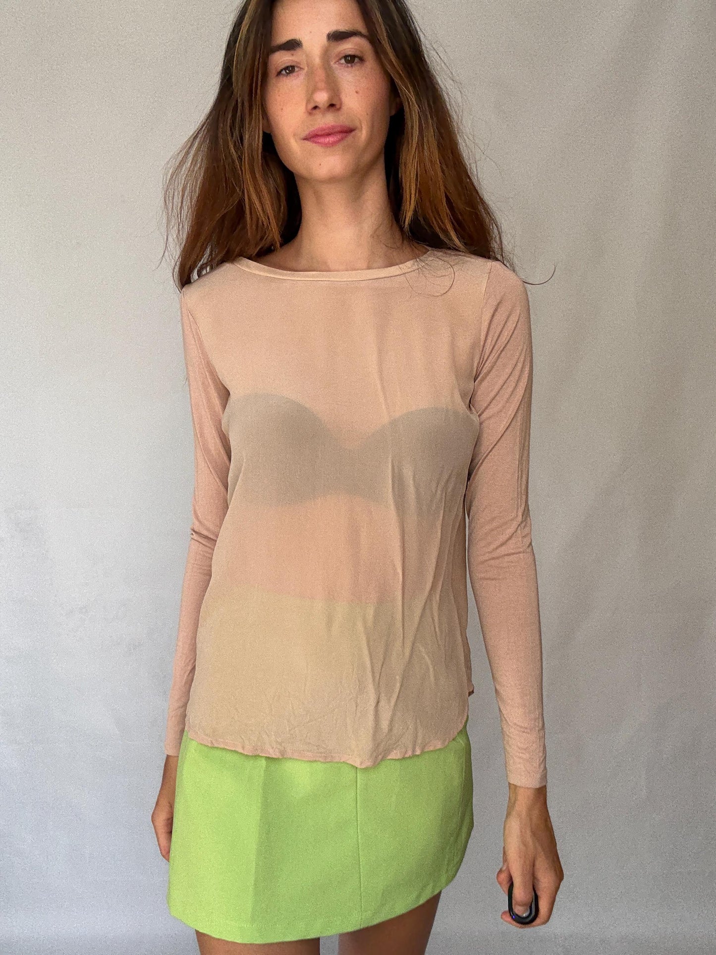 Sheer Nude Long Sleeve | Marella Vintage Designer Mesh Top | Earthy Y2K Minimalist Vibes