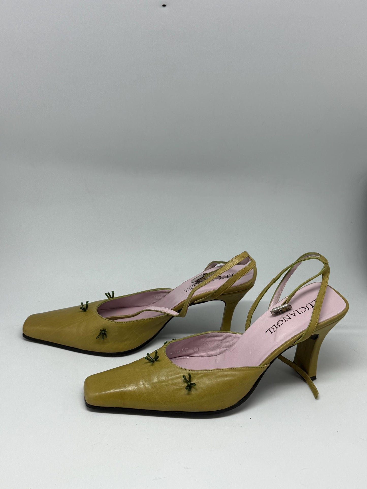 Damaged - Y2K vintage slingback heels – lime green leather – Luciangel Spain – size EU40 – 8cm heel – real leather square toe shoes