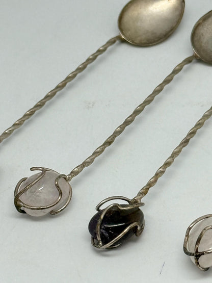 Vintage Silver Cocktail Spoons with Gemstone Ends — back view