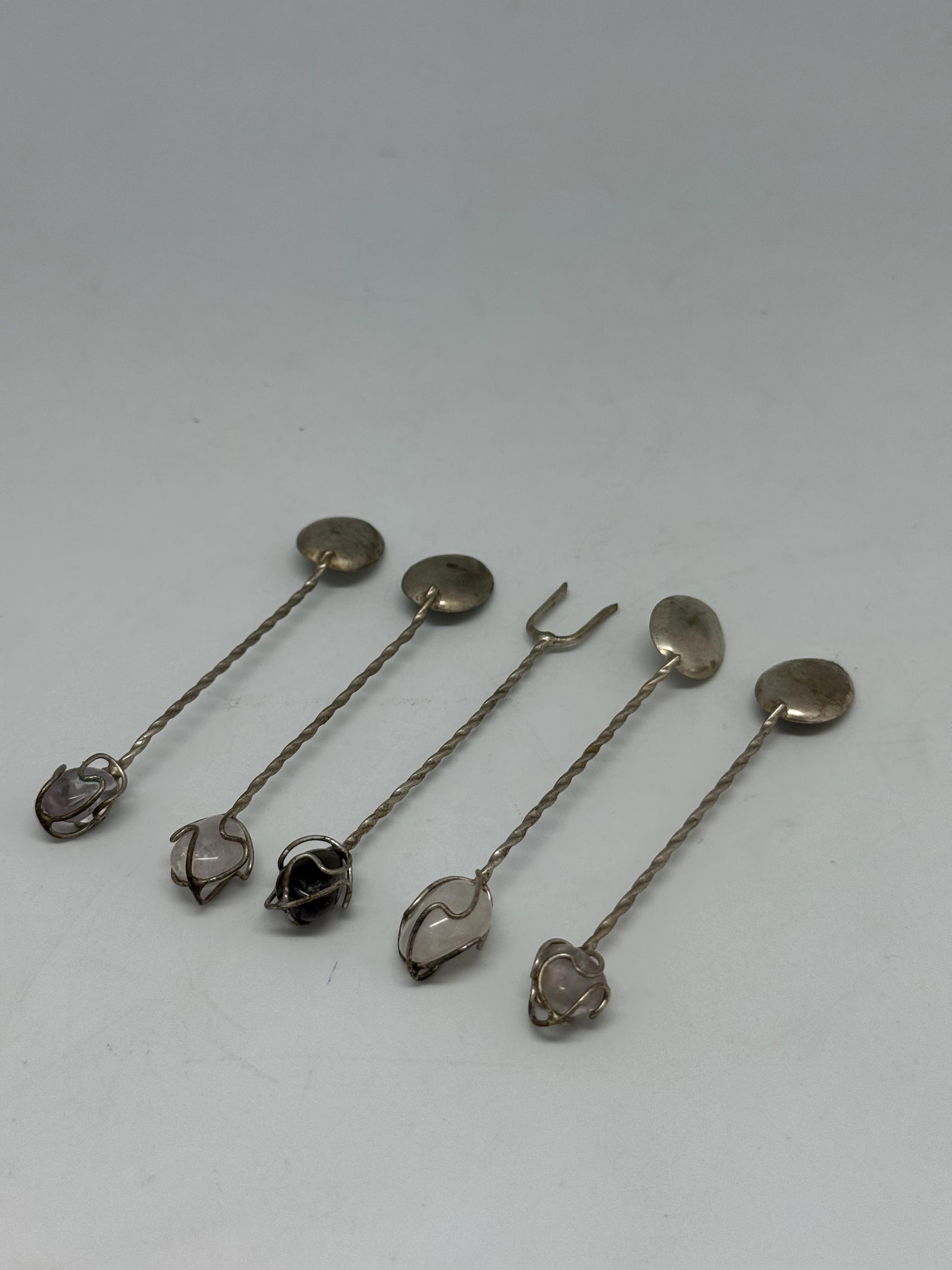 Vintage Silver Cocktail Spoons with Gemstone Ends – Set of 5 Bar Stirrers, 9cm, Ornate Handcrafted Stones