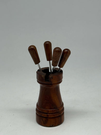 Mid-Century Fondue Fork Set With Wood Holder — detail