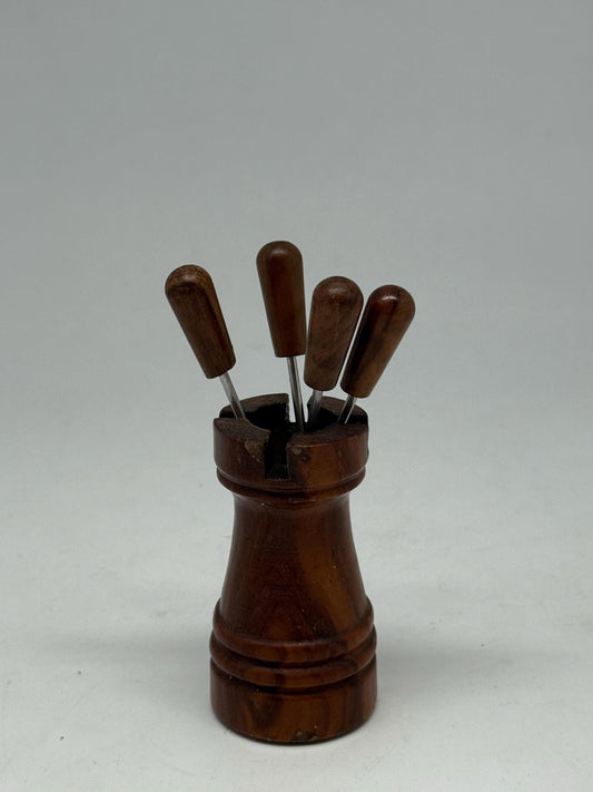 Vintage Mid-Century Fondue Fork Set with Solid Wood Holder | Retro Cheese Appetizer Picks