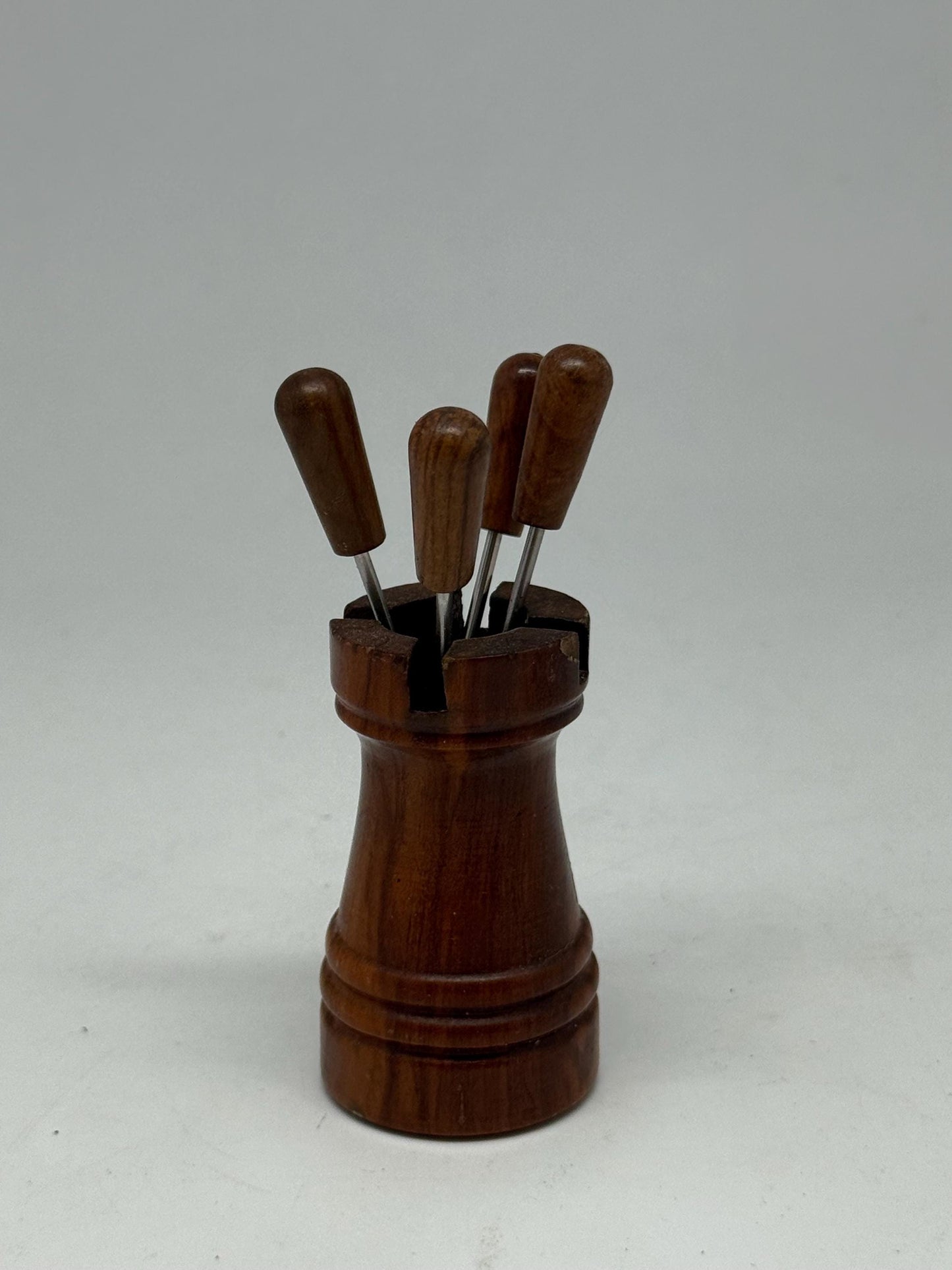 Mid-Century Fondue Fork Set With Wood Holder — back view