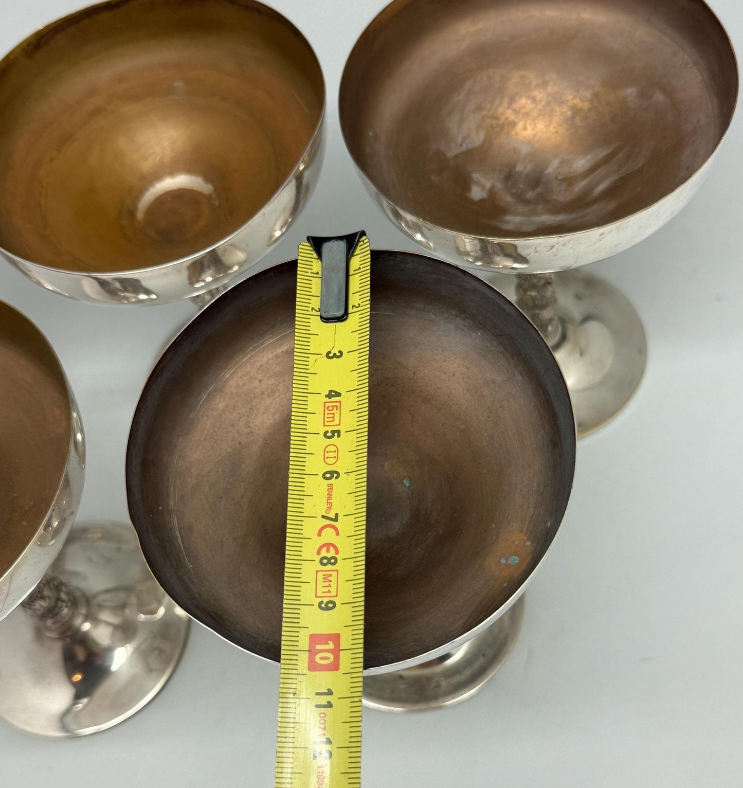 Vintage Silver Plated Brass Goblets – Set of 5 Champagne Coupes with Ornate Stems, Mid Century Barware, 14cm Tall