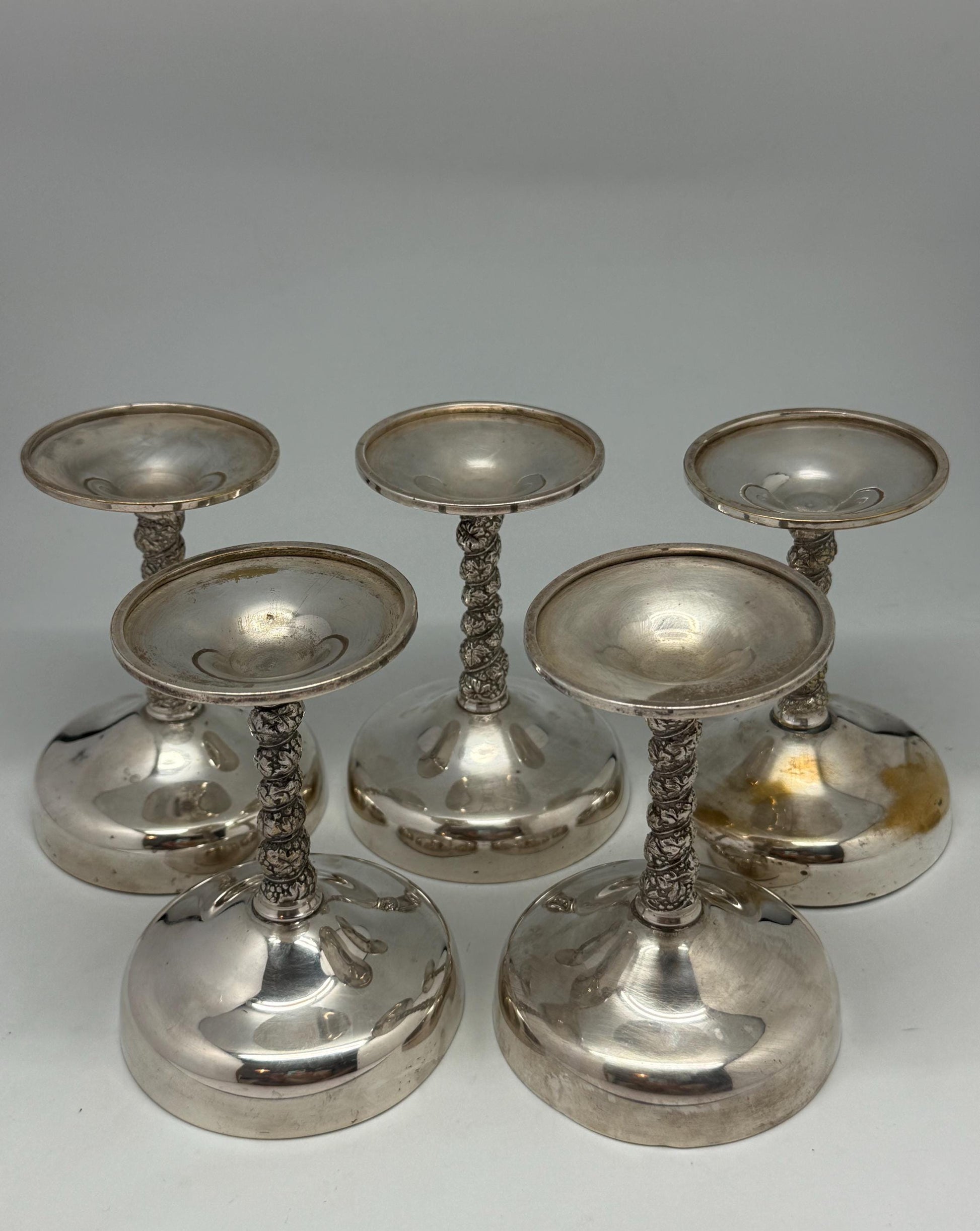 Vintage Silver Plated Brass Goblets – Set of 5 Champagne Coupes with Ornate Stems, Mid Century Barware, 14cm Tall