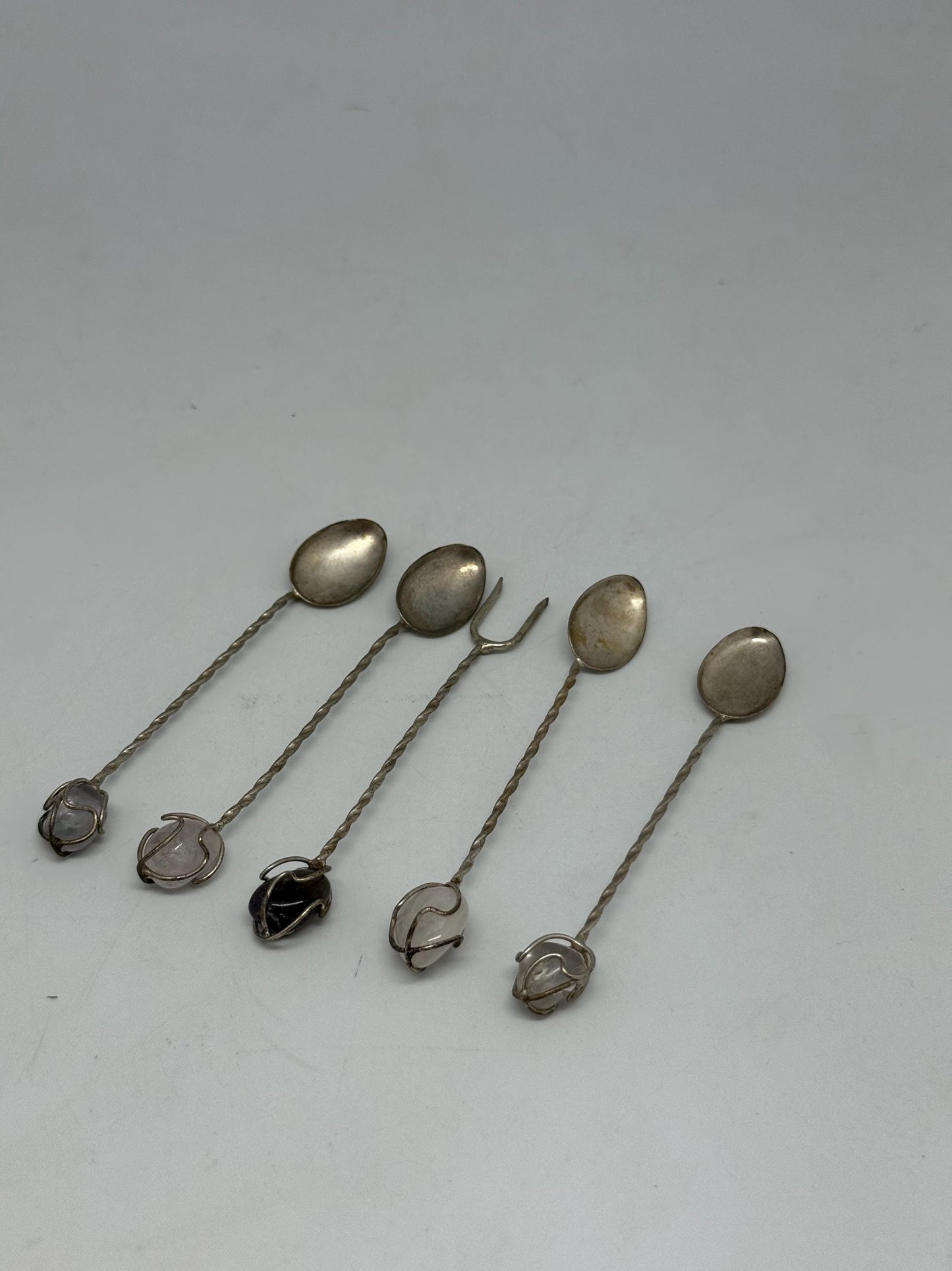 Vintage Silver Cocktail Spoons with Gemstone Ends – Set of 5 Bar Stirrers, 9cm, Ornate Handcrafted Stones