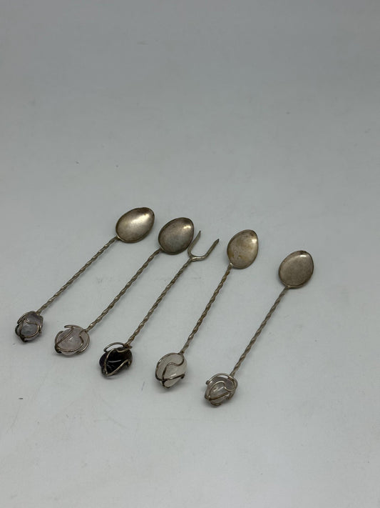 Vintage Silver Cocktail Spoons with Gemstone Ends – Set of 5 Bar Stirrers, 9cm, Ornate Handcrafted Stones