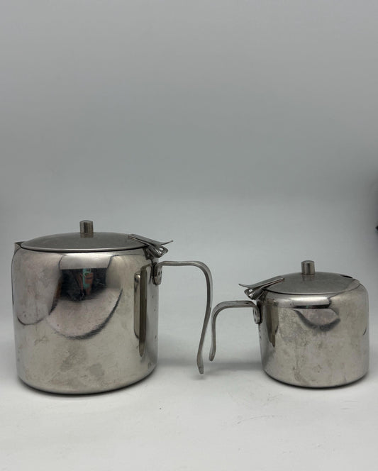 Vintage Ibili Stainless Steel Teapot & Sugar Bowl Set | Mid-Century Modern Spanish Kitchenware | Lidded Pots with Handles
