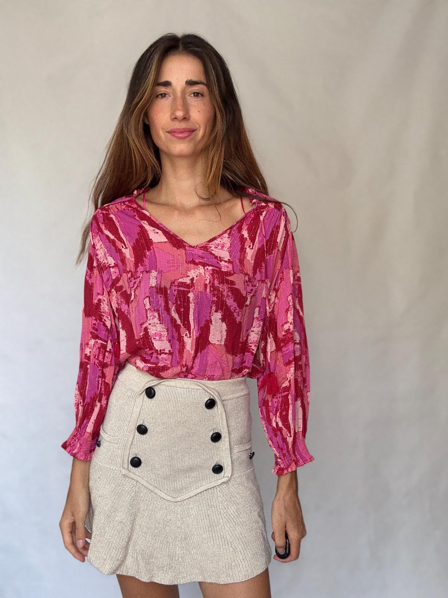 Pink Metallic Boho Blouse | Vibrant Summer Festival Top | Y2K Inspired Sparkle Shirt,