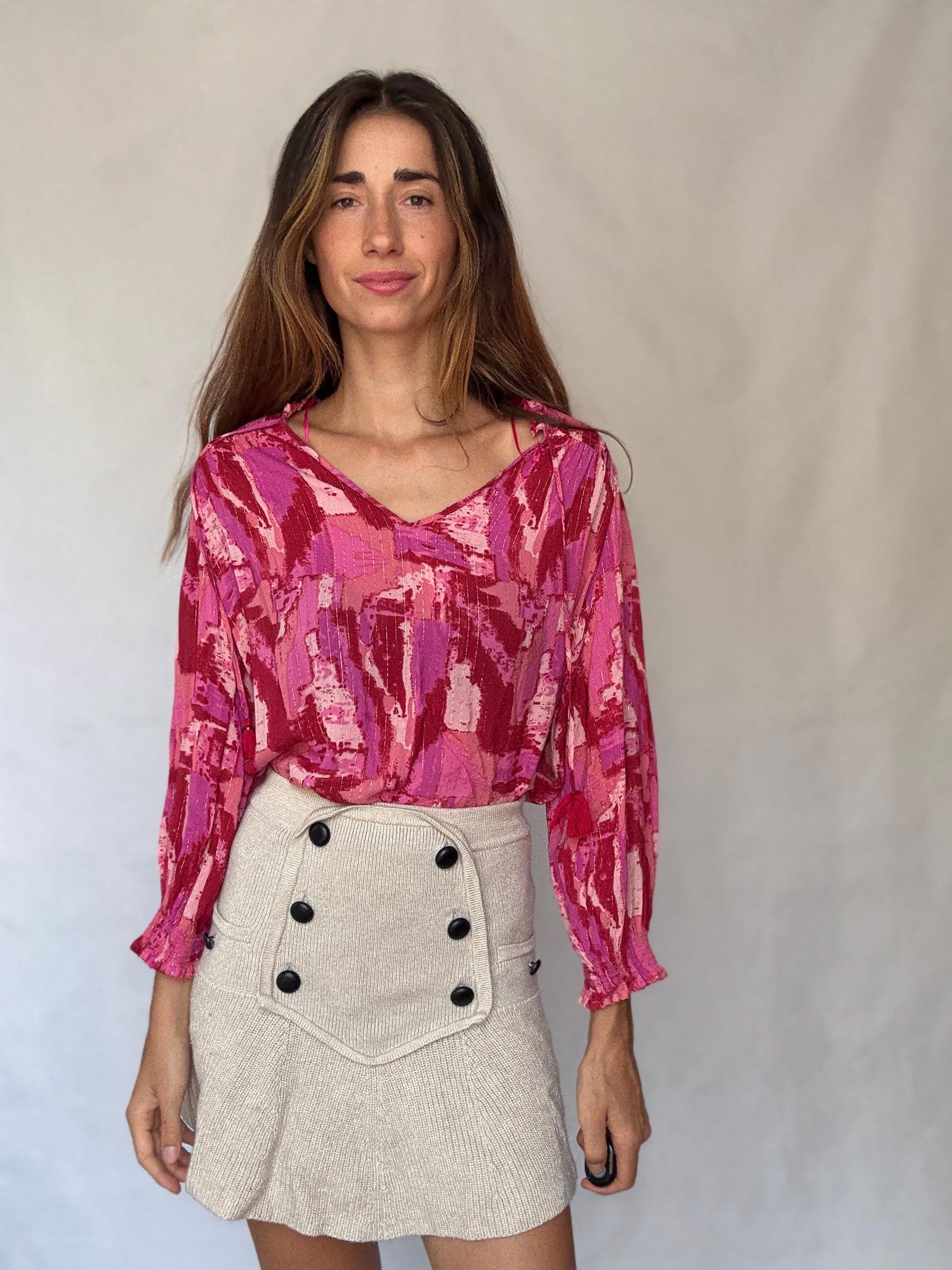 Pink Metallic Boho Blouse | Vibrant Summer Festival Top | Y2K Inspired Sparkle Shirt,