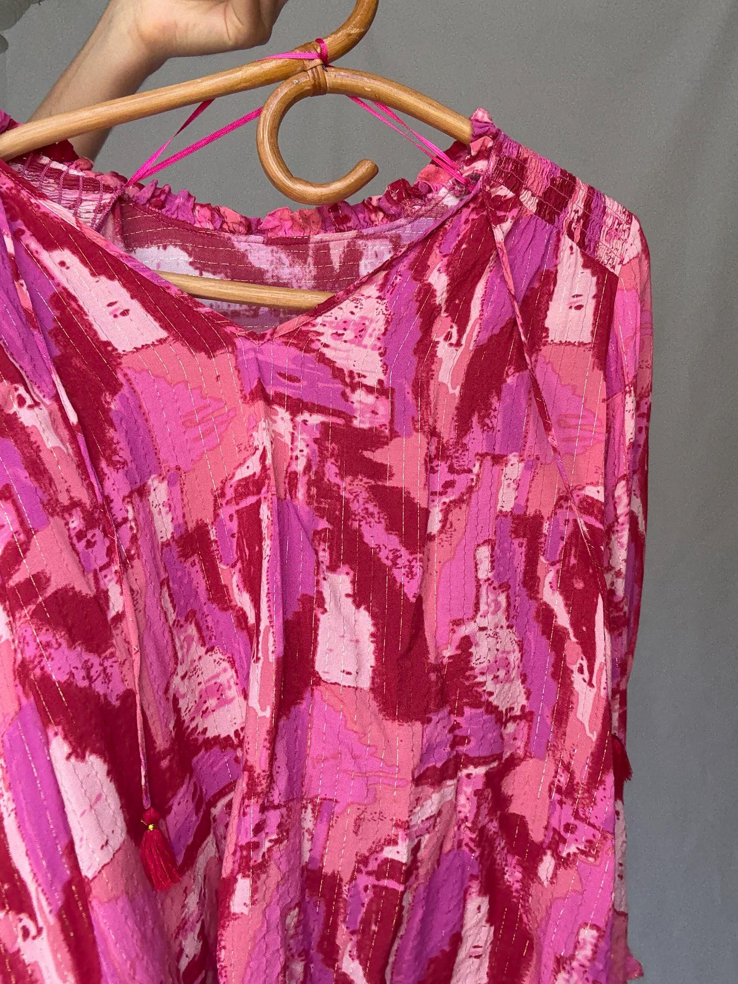 Pink Metallic Boho Blouse | Vibrant Summer Festival Top | Y2K Inspired Sparkle Shirt,