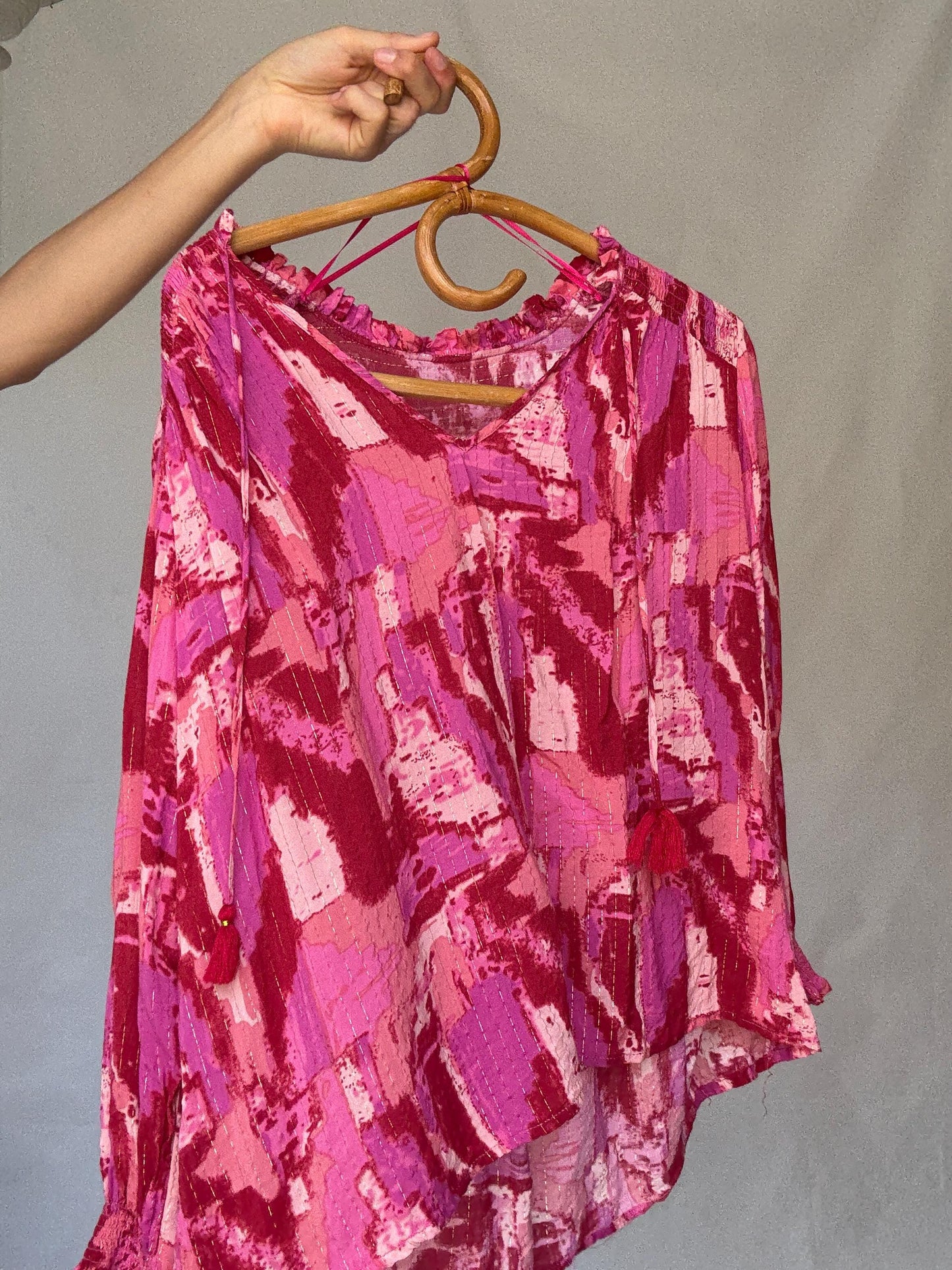 Pink Metallic Boho Blouse | Vibrant Summer Festival Top | Y2K Inspired Sparkle Shirt,