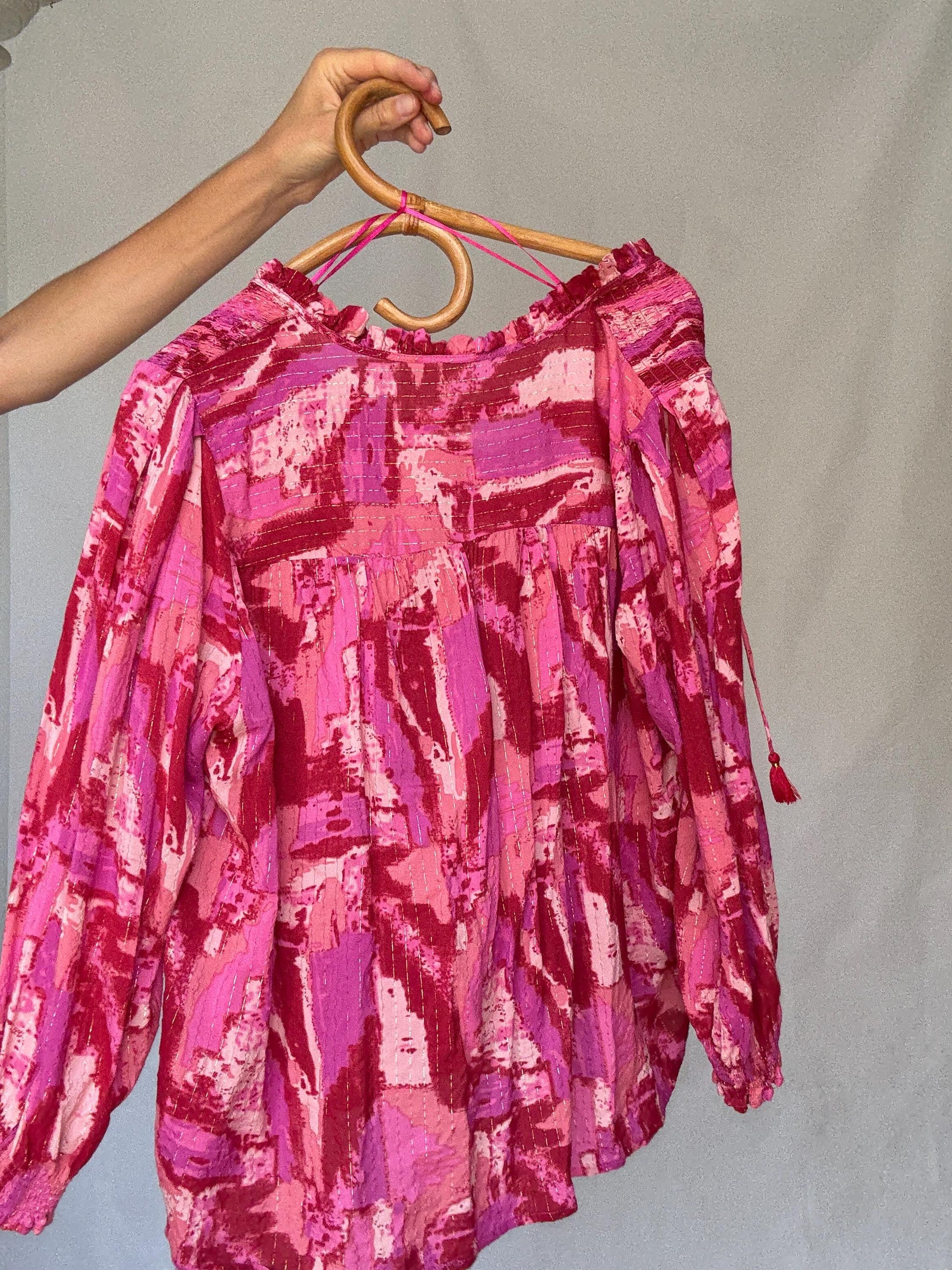Pink Metallic Boho Blouse | Vibrant Summer Festival Top | Y2K Inspired Sparkle Shirt,