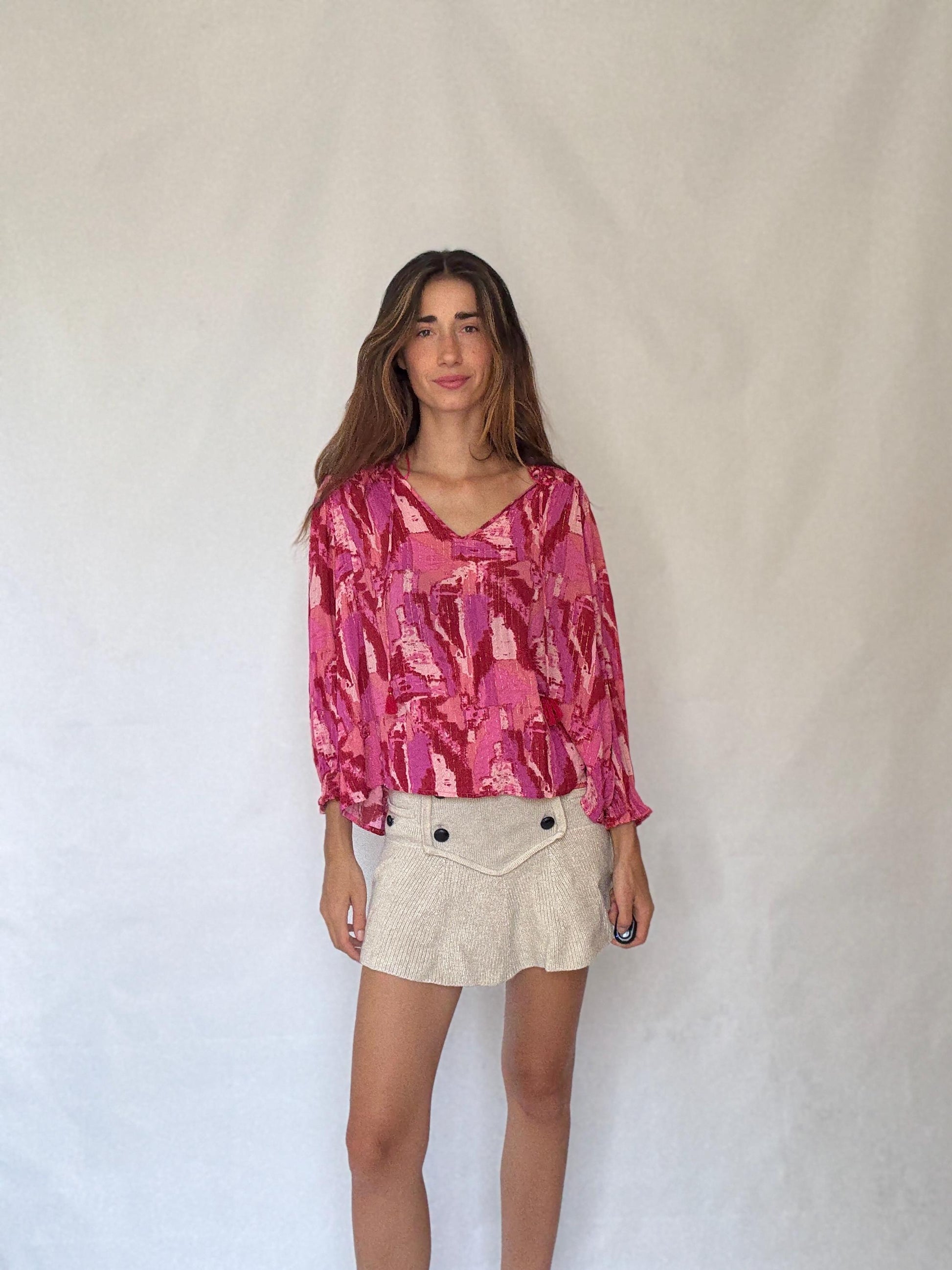 Pink Metallic Boho Blouse | Vibrant Summer Festival Top | Y2K Inspired Sparkle Shirt,