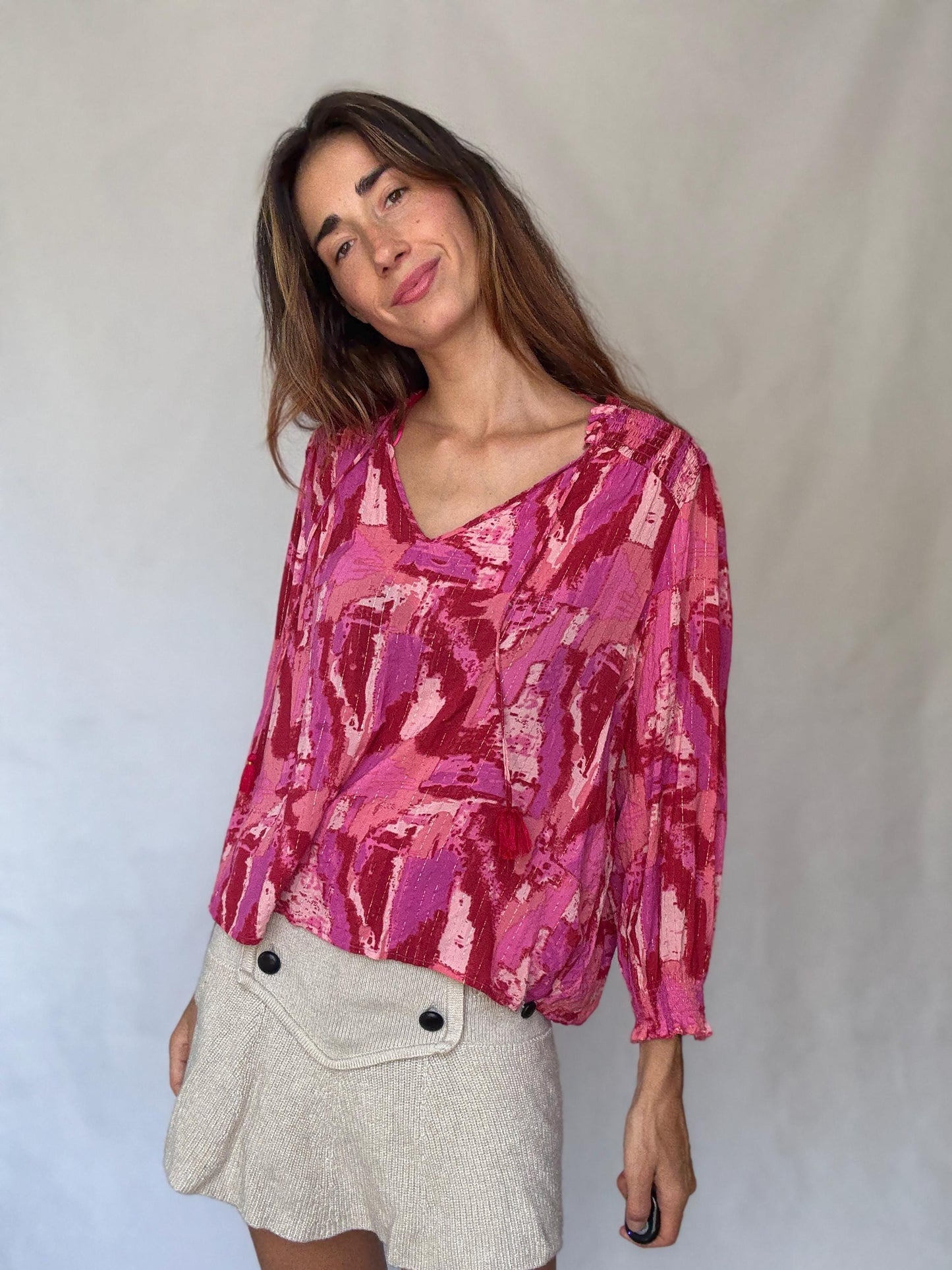 Pink Metallic Boho Blouse | Vibrant Summer Festival Top | Y2K Inspired Sparkle Shirt,