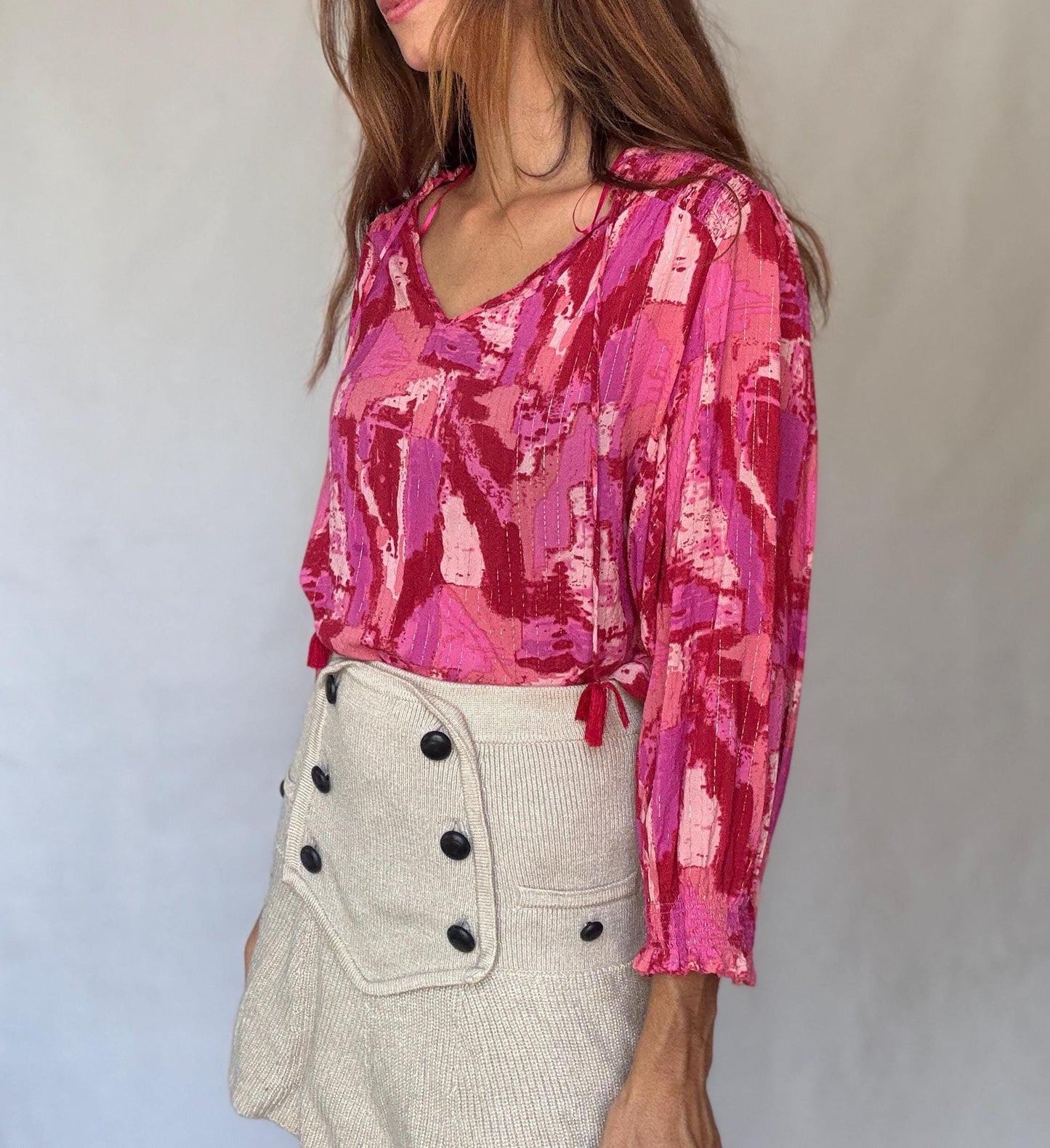 Pink Metallic Boho Blouse | Vibrant Summer Festival Top | Y2K Inspired Sparkle Shirt,