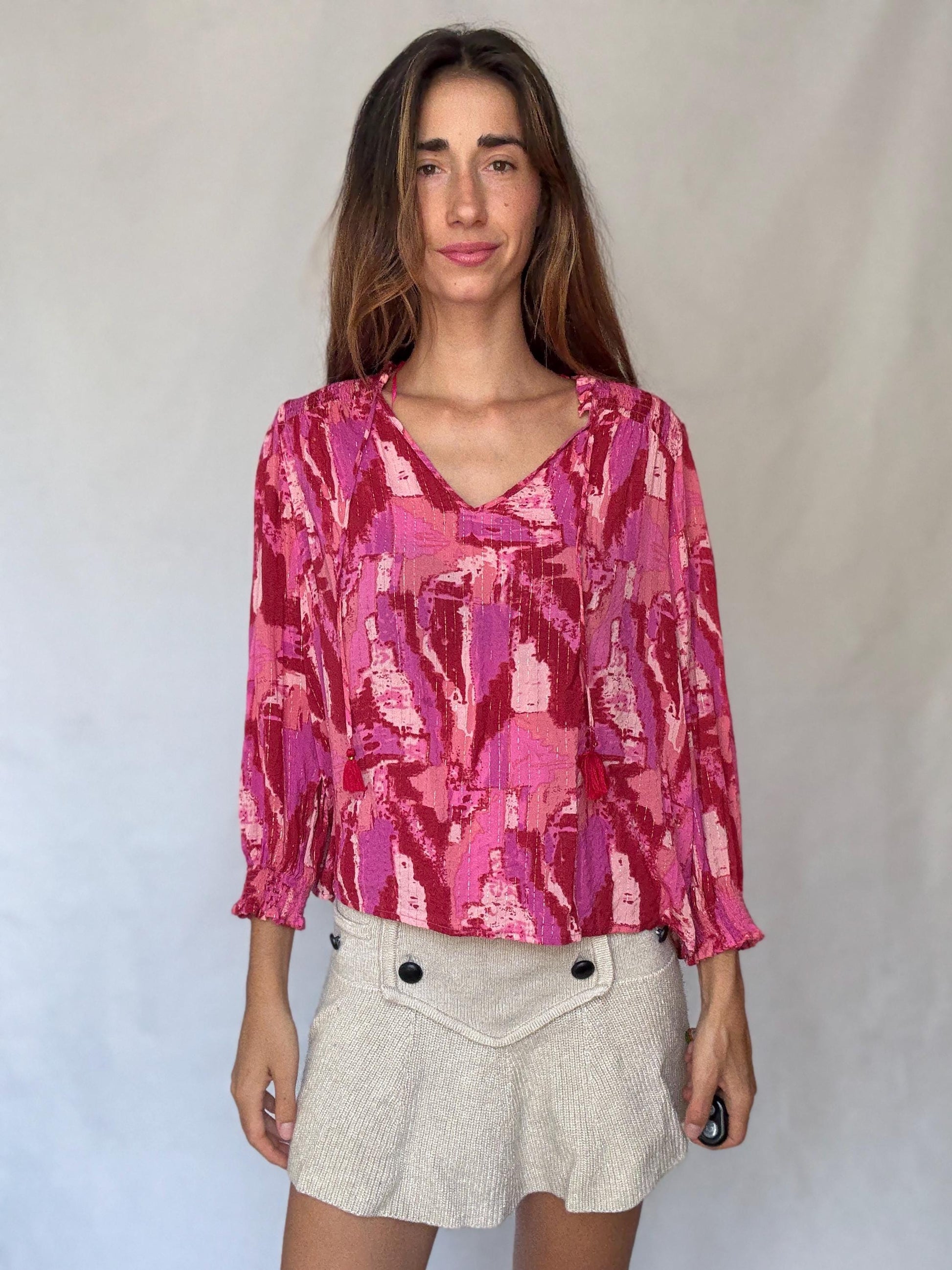 Pink Metallic Boho Blouse | Vibrant Summer Festival Top | Y2K Inspired Sparkle Shirt,