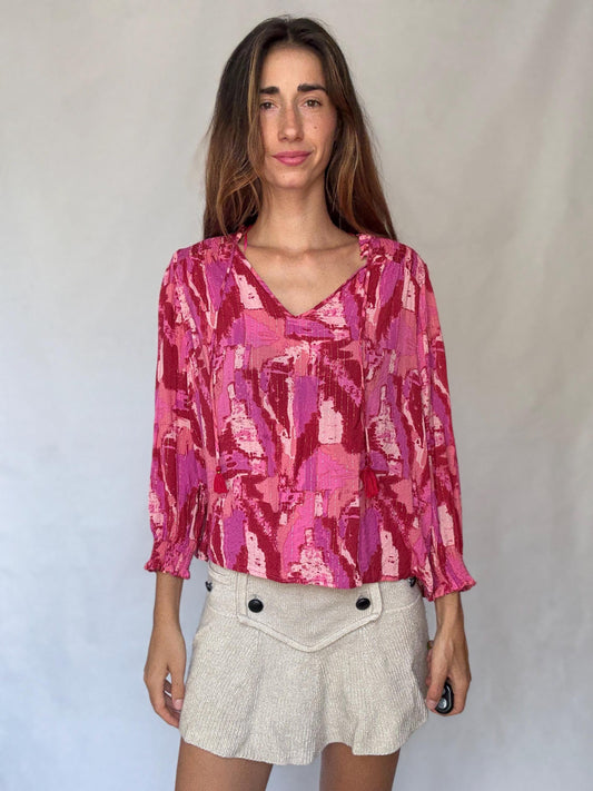 Pink Metallic Boho Blouse | Vibrant Summer Festival Top | Y2K Inspired Sparkle Shirt,