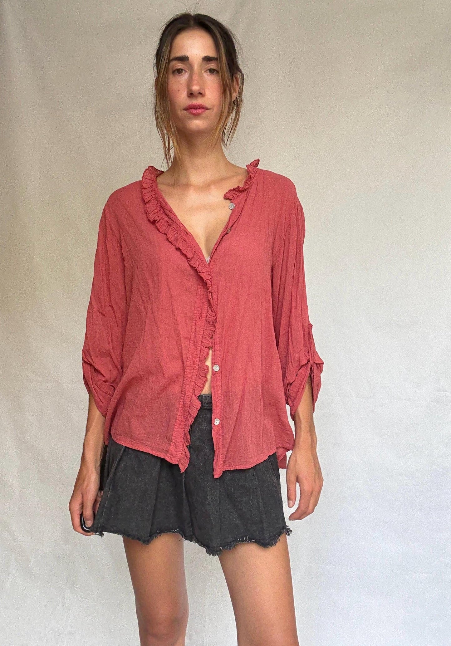 Burgundy Ruffled Cotton Blouse — additional view 6