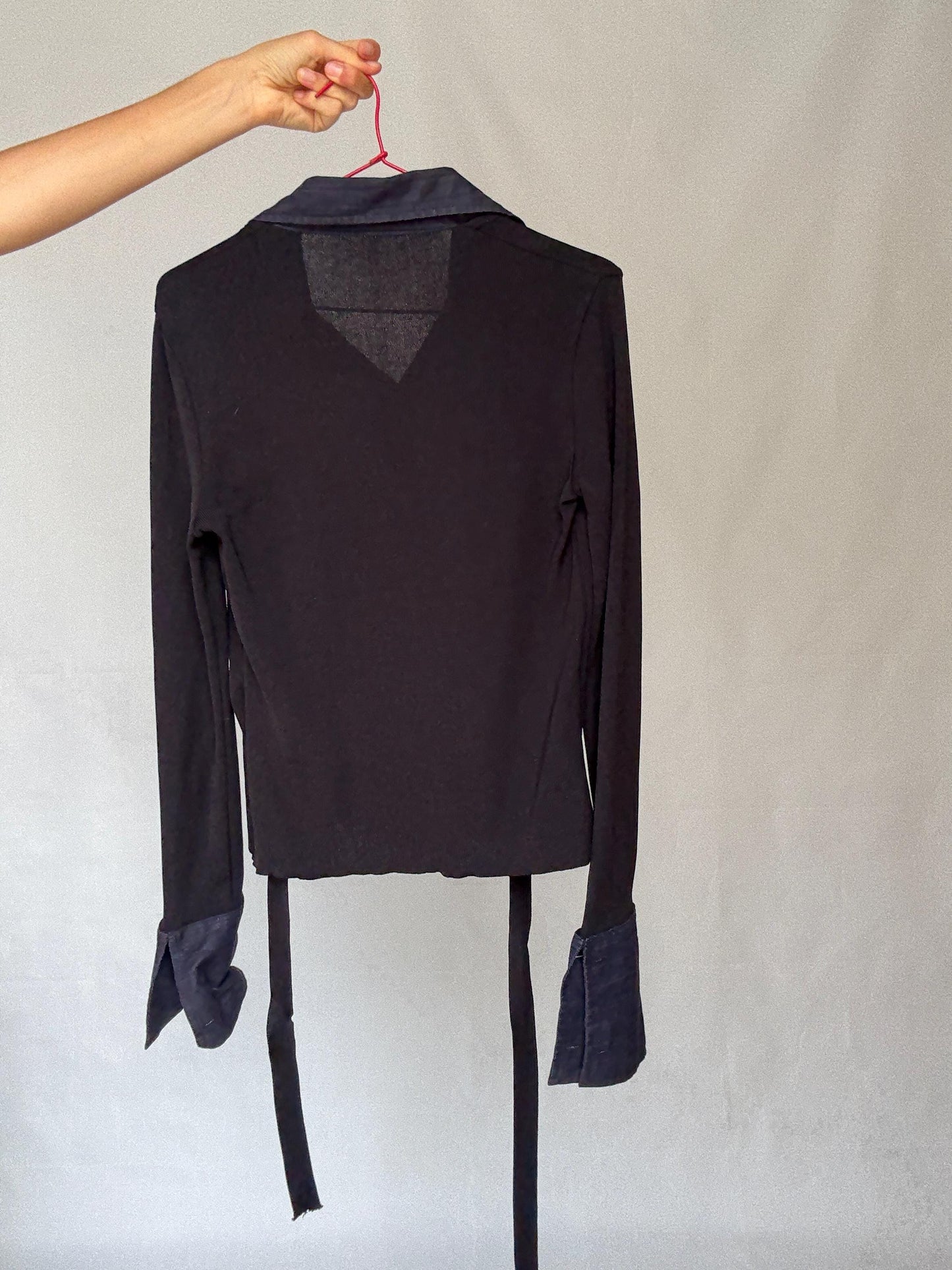 Luxury Pedro del Hierro wrap vest with blouse, Navy blue long sleeve jumper, Spanish designer clothing, Eutopean vintage fashion