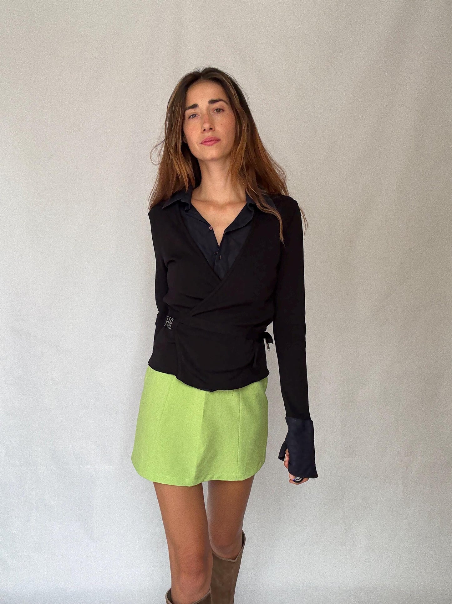 Luxury Pedro del Hierro wrap vest with blouse, Navy blue long sleeve jumper, Spanish designer clothing, Eutopean vintage fashion