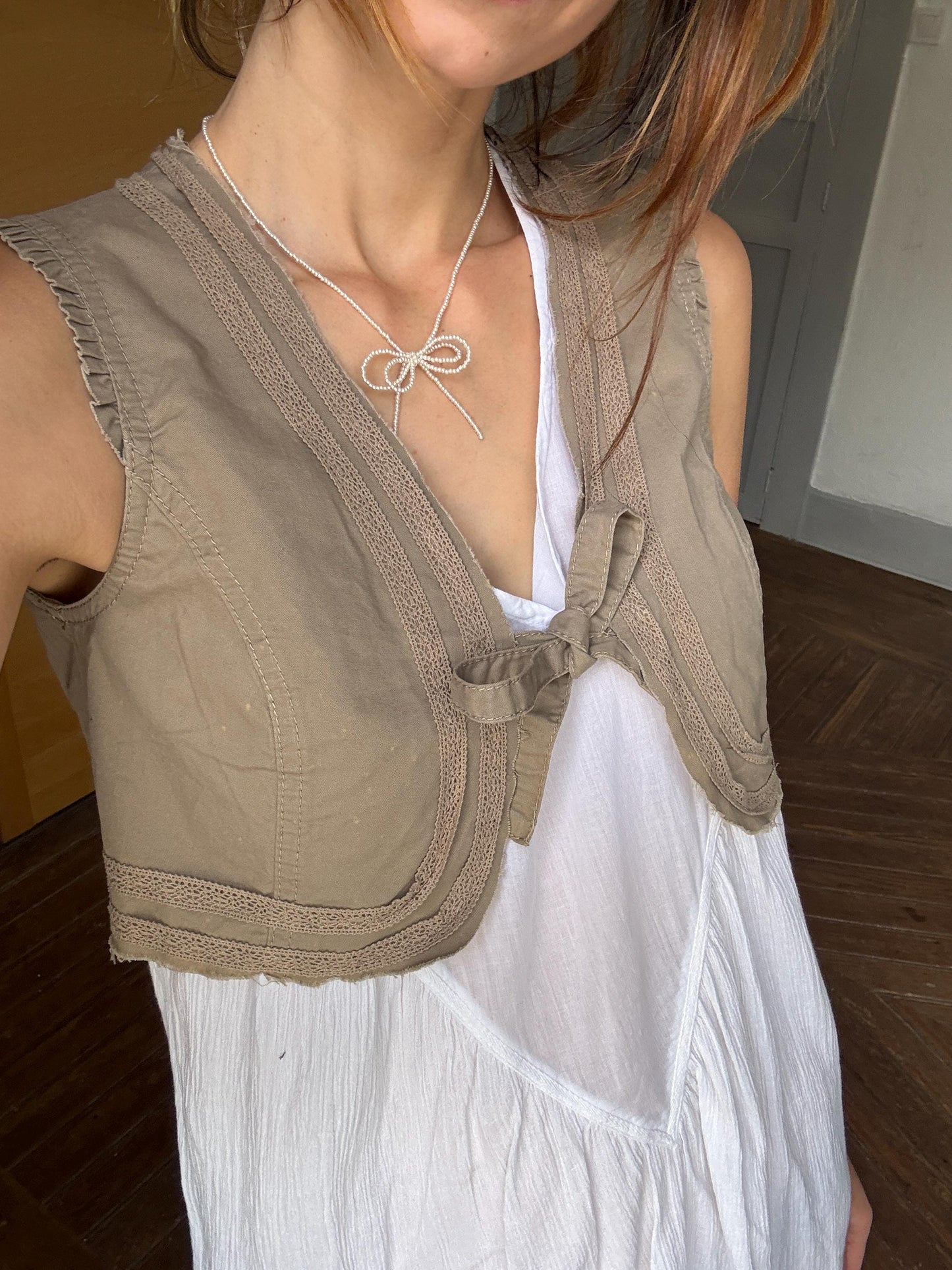 vintage boho cropped vest brown tie front waistcoat lace trim fairycore romantic layering piece cottagecore