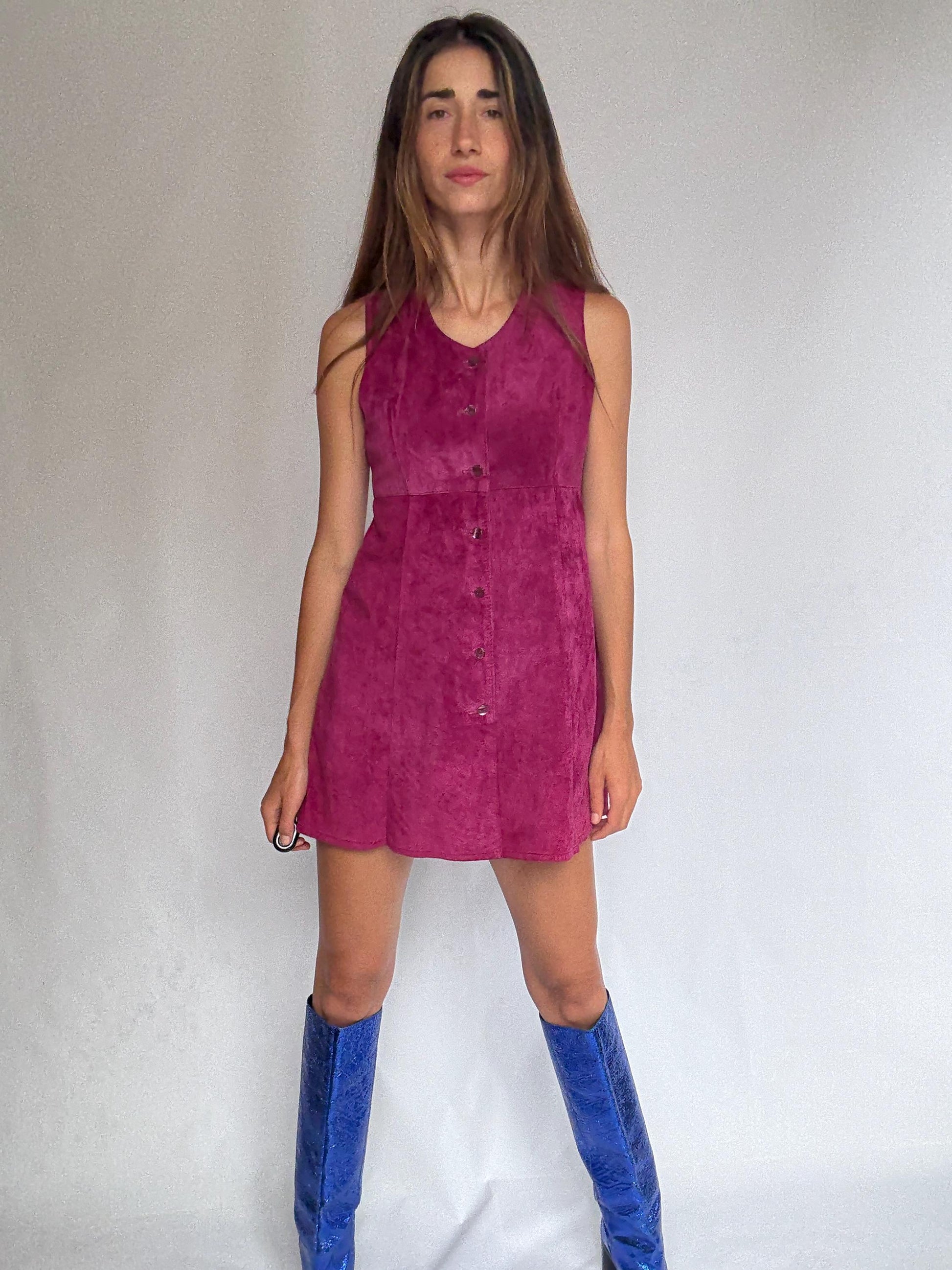 70s genuine leather mini dress, Vintage Magenta Suede Real Leather 90s Sleeveless Button Front Shift, Size S, Festival Retro look