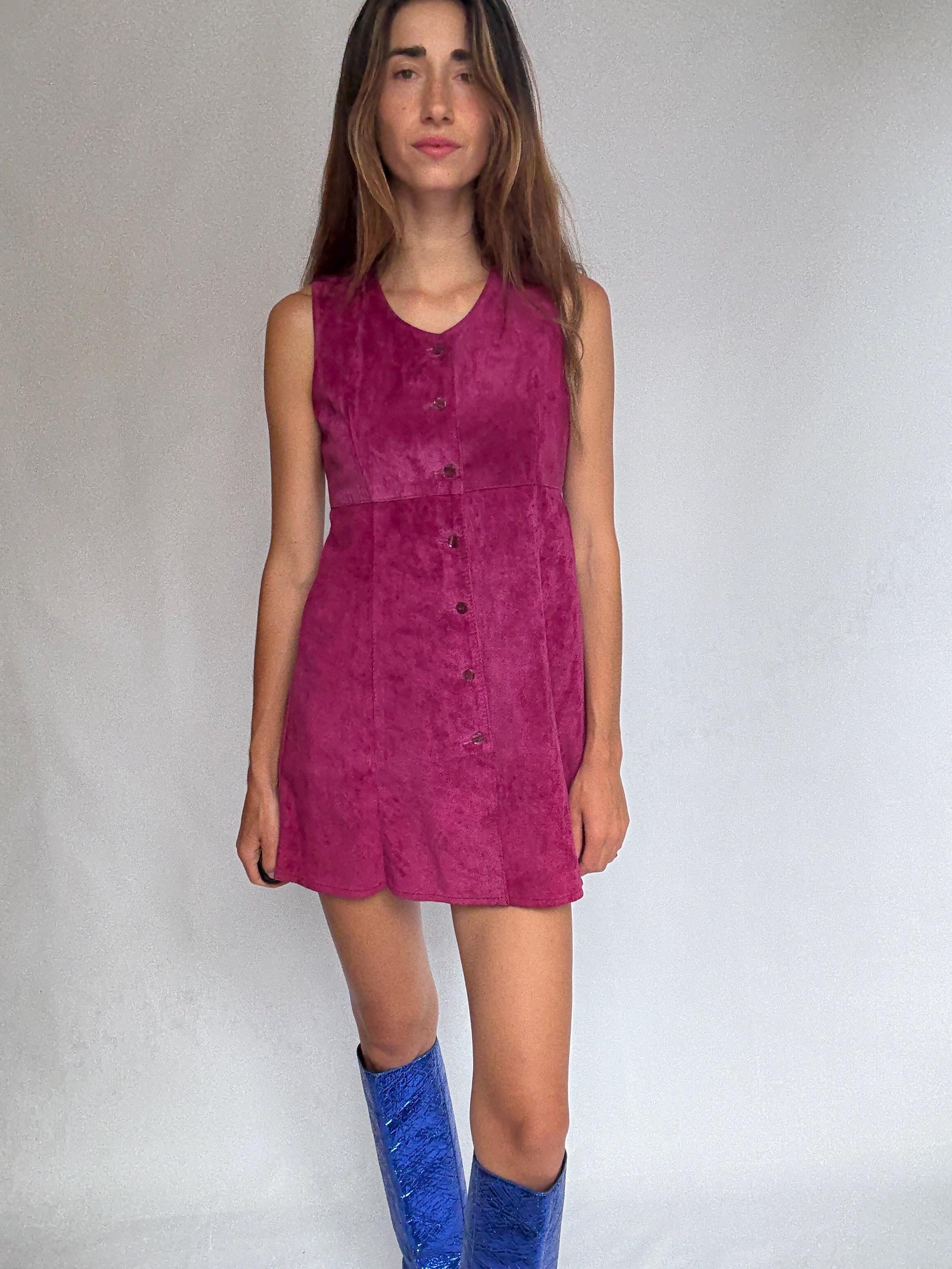 70s genuine leather mini dress, Vintage Magenta Suede Real Leather 90s Sleeveless Button Front Shift, Size S, Festival Retro look
