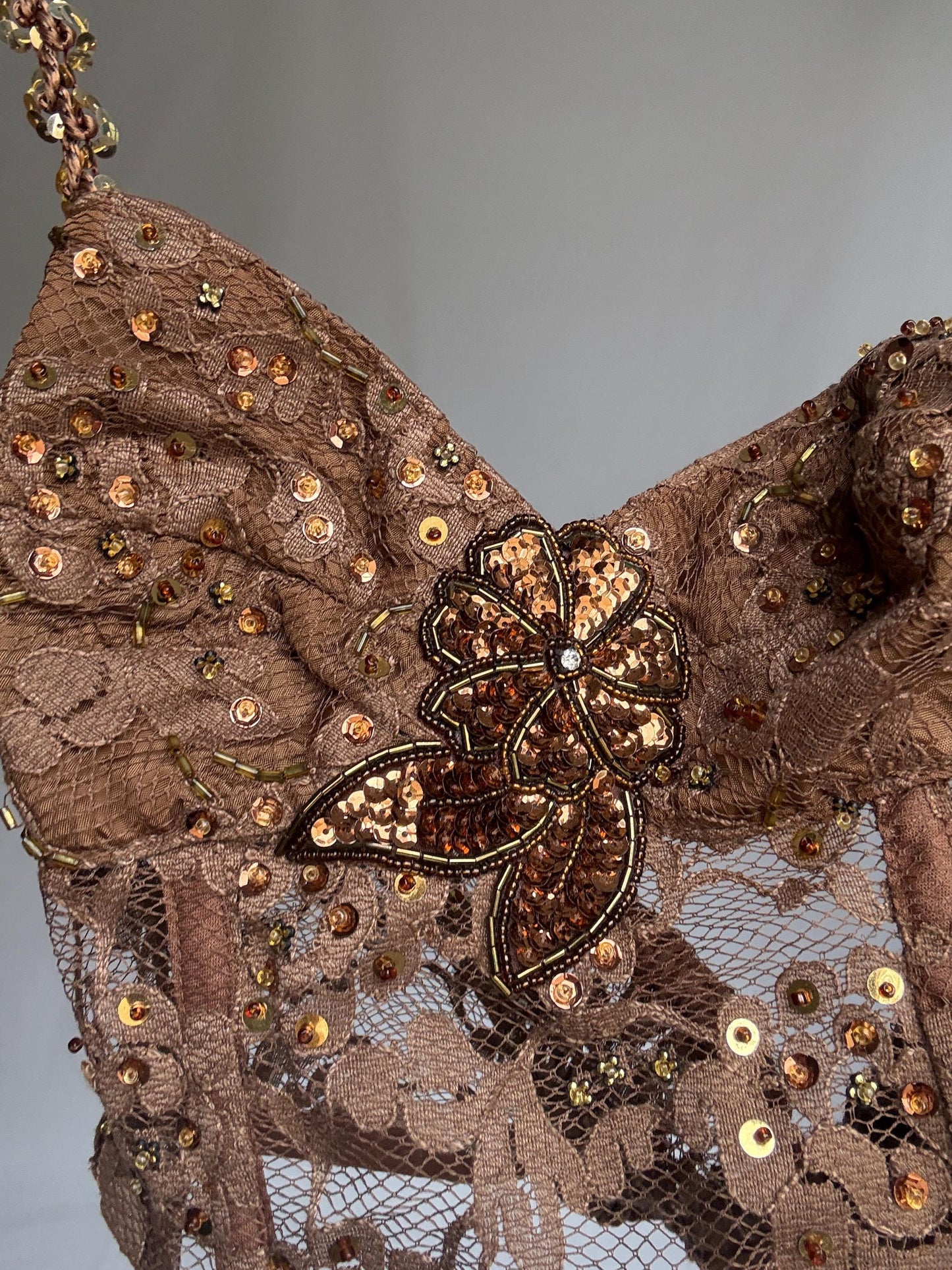 Handmade bronze sequin bustier top – floral lace mesh crop with embellished straps & flower detail – vintage party corset