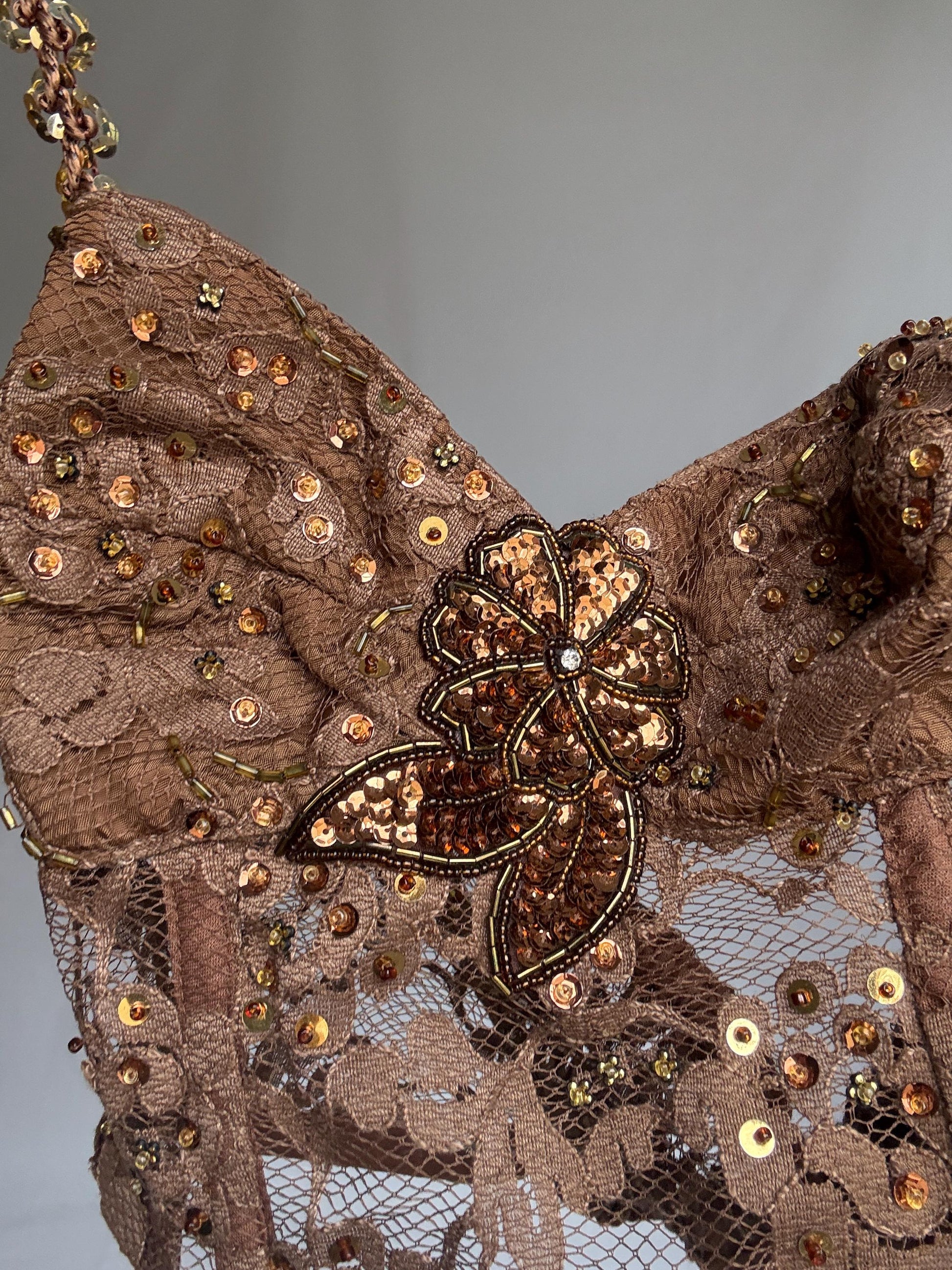 Handmade bronze sequin bustier top – floral lace mesh crop with embellished straps & flower detail – vintage party corset