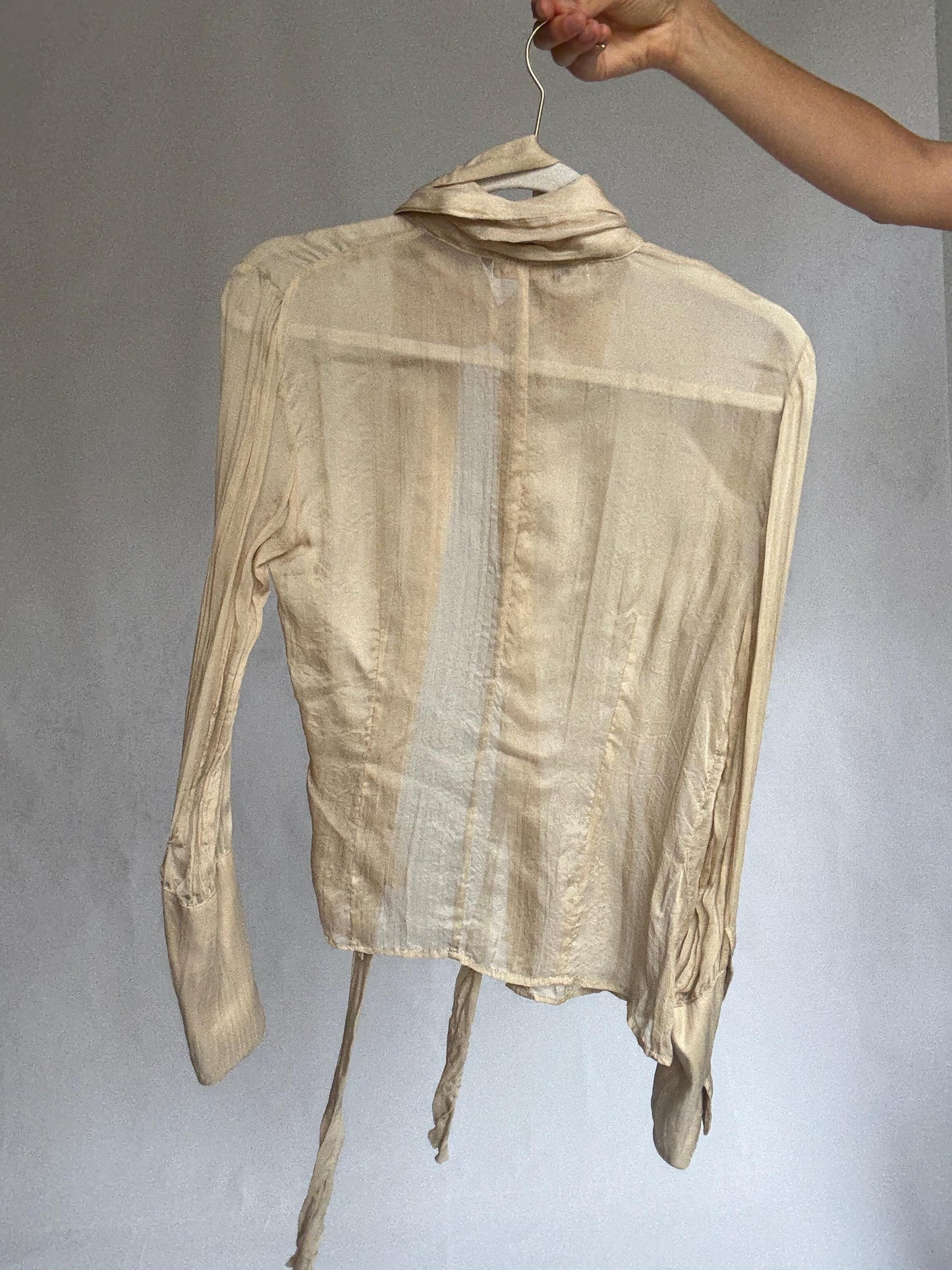Sheer Light Beige Blouse with Waist Tie – Feminine Vintage Style, See-Through Summer Shirt, Size S