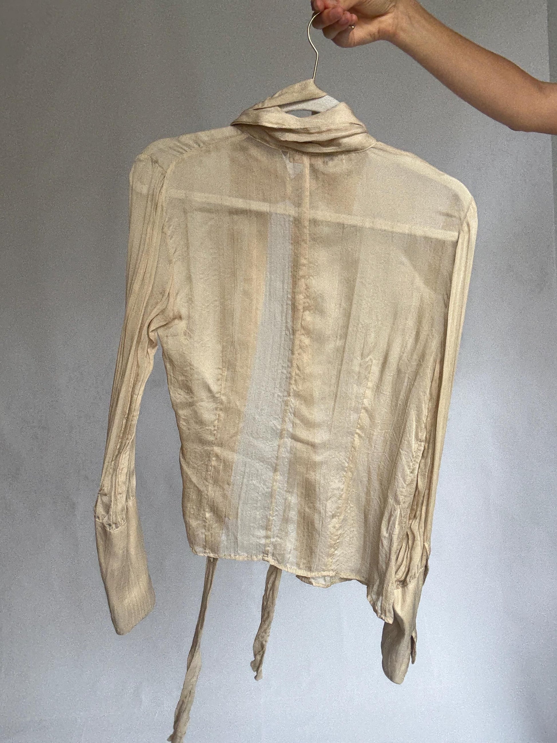 Sheer Light Beige Blouse with Waist Tie – Feminine Vintage Style, See-Through Summer Shirt, Size S