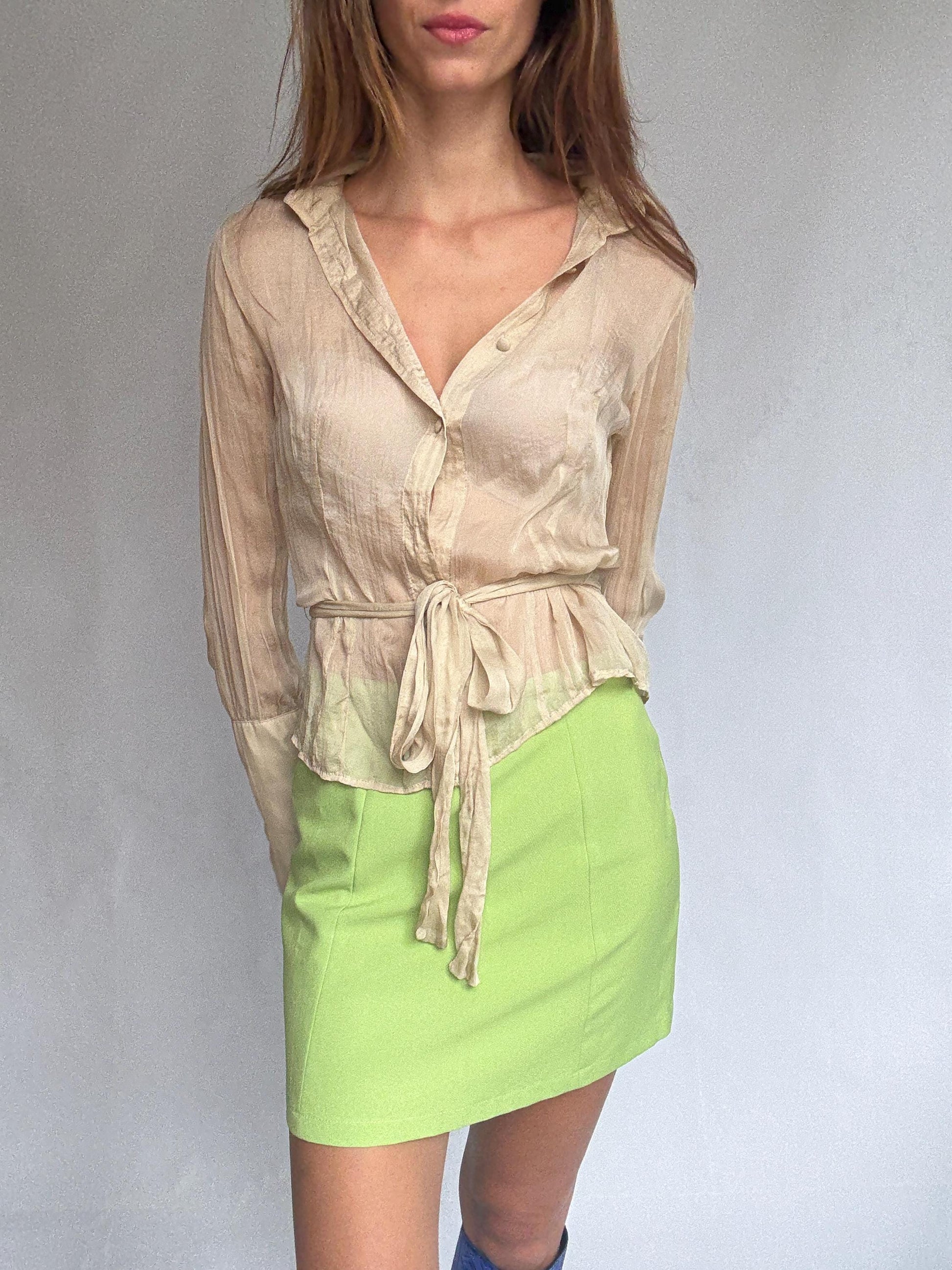 Sheer Light Beige Blouse with Waist Tie – Feminine Vintage Style, See-Through Summer Shirt, Size S