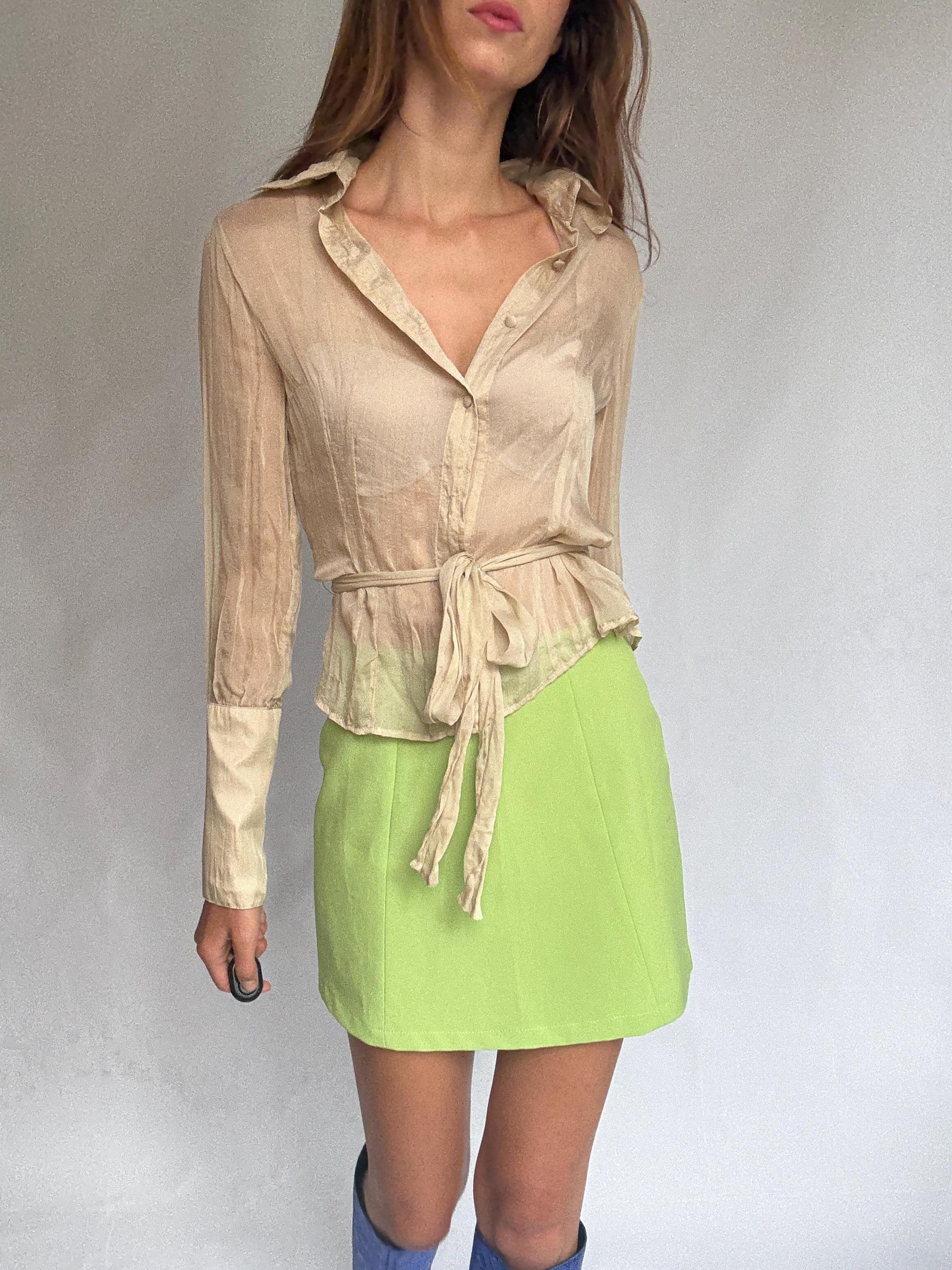 Sheer Light Beige Blouse with Waist Tie – Feminine Vintage Style, See-Through Summer Shirt, Size S