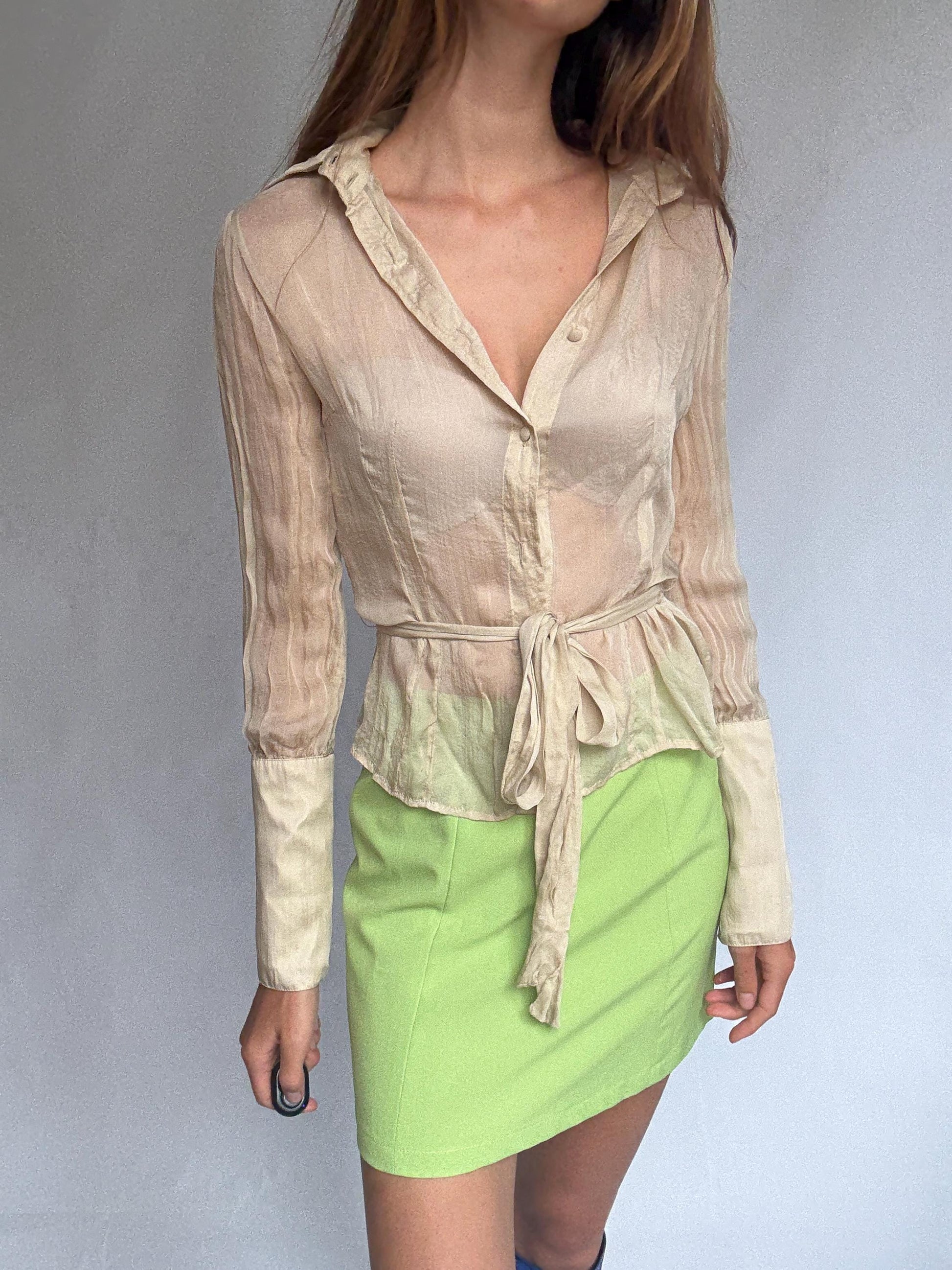 Sheer Light Beige Blouse with Waist Tie – Feminine Vintage Style, See-Through Summer Shirt, Size S