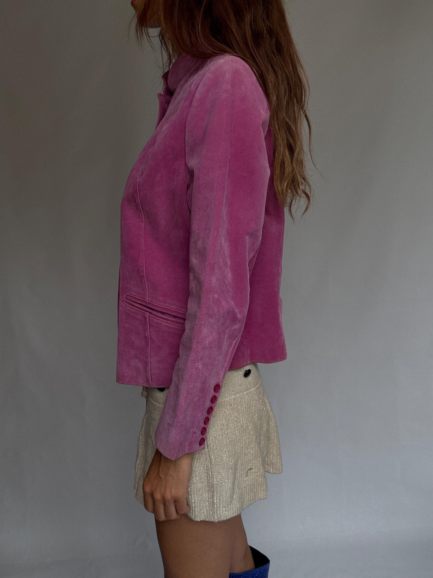 Vintage Pink Suede Jacket – Real Leather 90s Blazer Style with Mandarin Collar, Size L, Soft Retro Festival Statement Piece