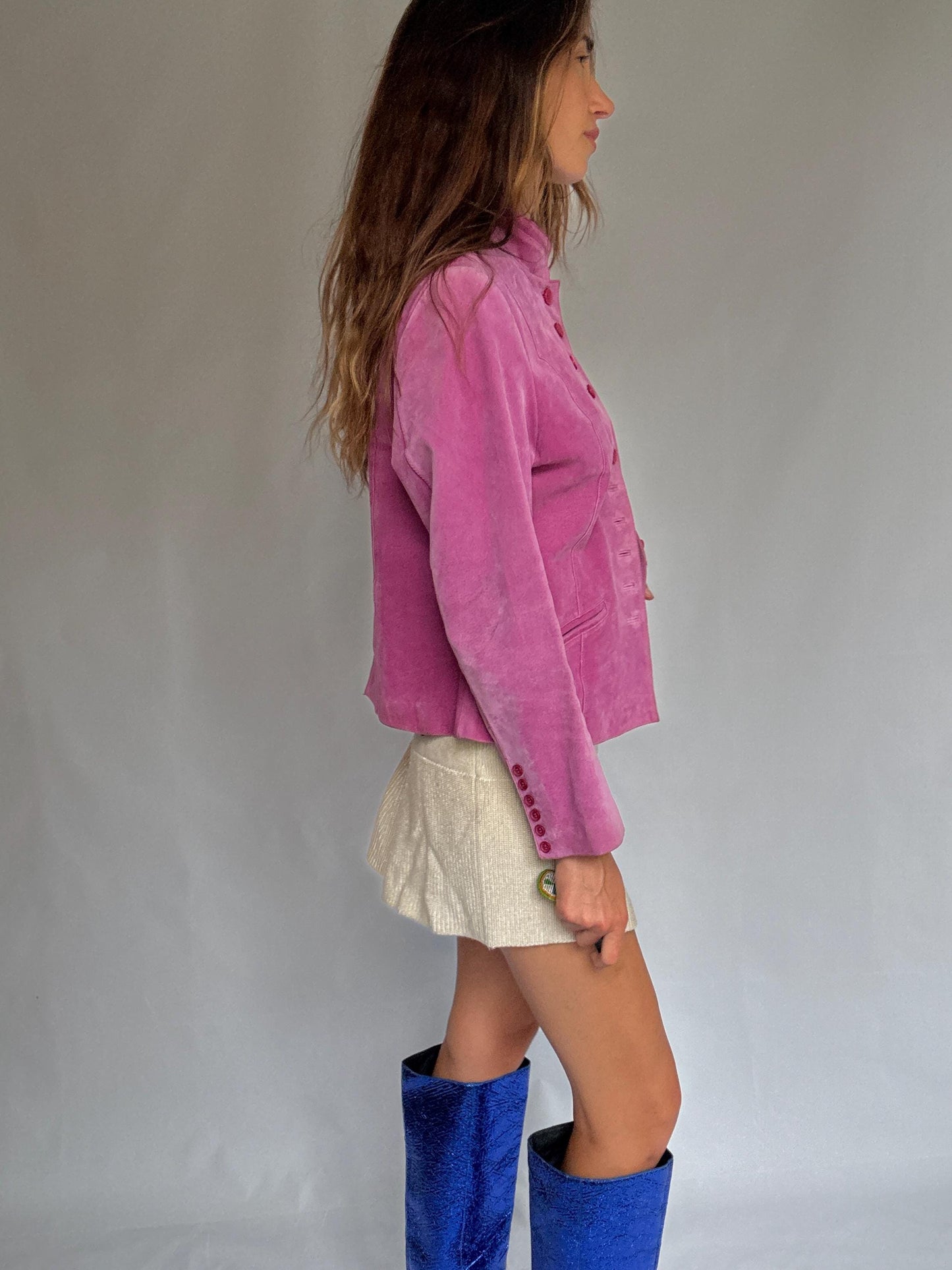 Vintage Pink Suede Jacket – Real Leather 90s Blazer Style with Mandarin Collar, Size L, Soft Retro Festival Statement Piece