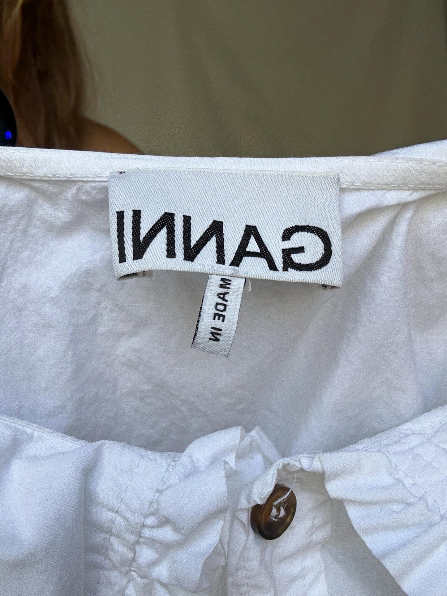 Ganni white ruffle collar blouse with flared shoulders and brown buttons – sleeveless cotton feel top US M cottagecore preppy vibe