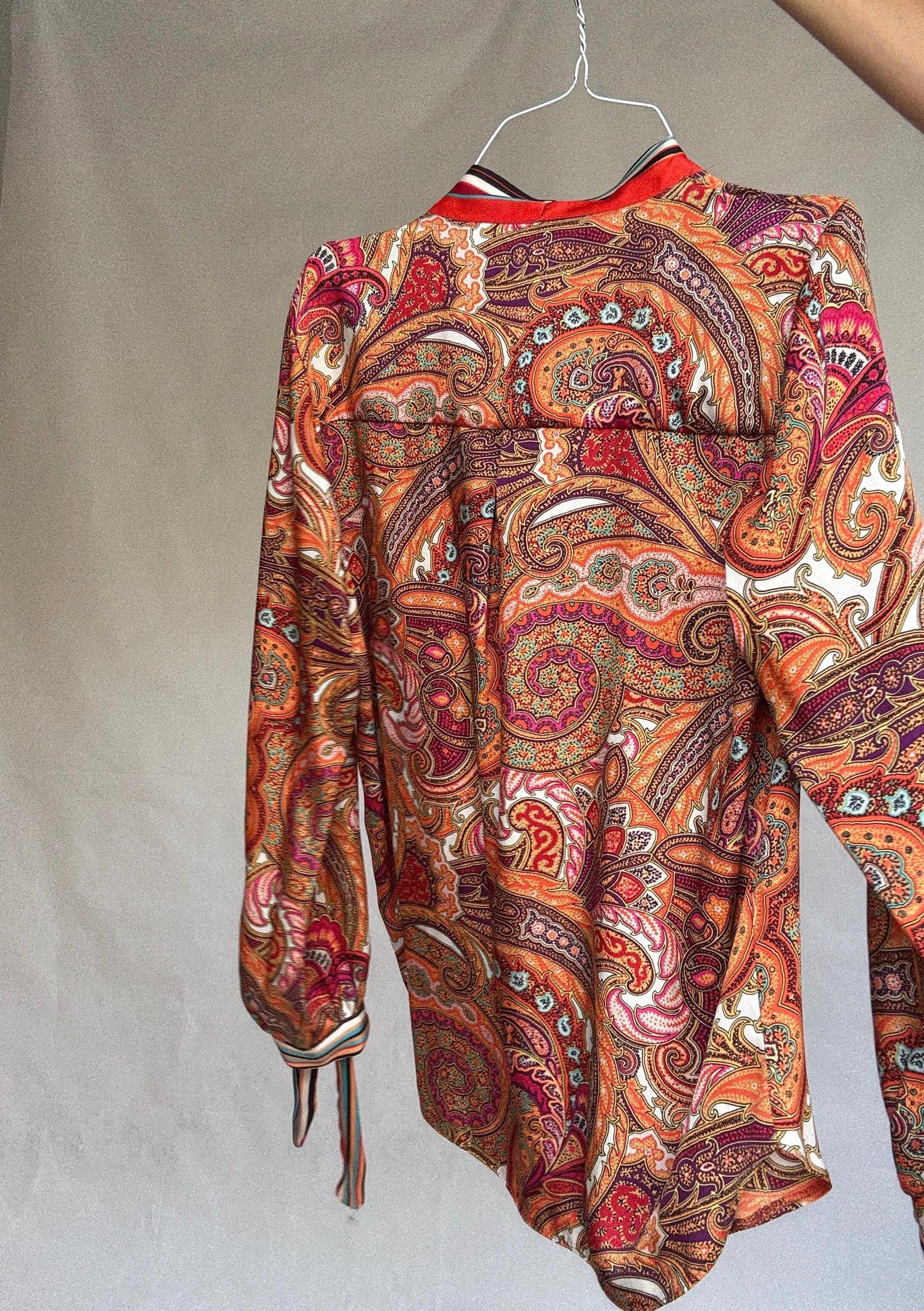 Paisley bow blouse by Ema Blue&#39;s – vintage-inspired long sleeve shirt with neck and wrist ties – size 2 retro print top