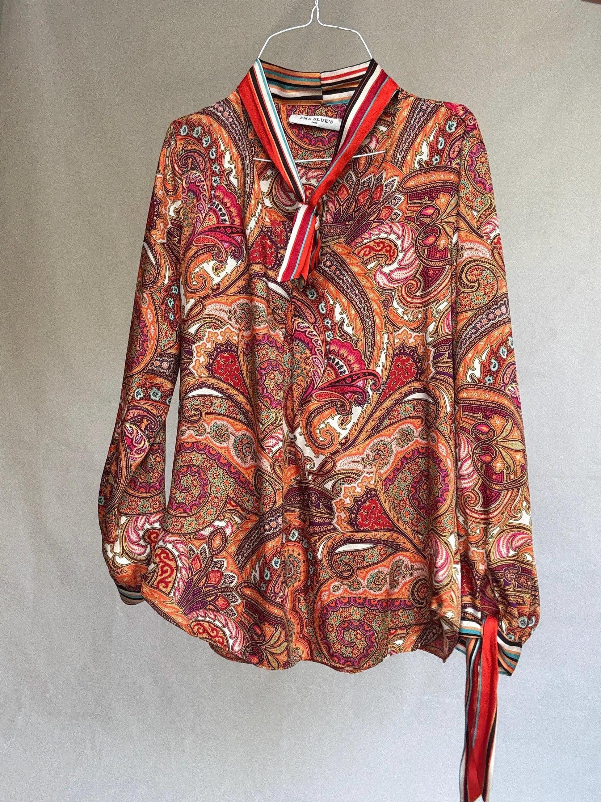 Paisley bow blouse by Ema Blue&#39;s – vintage-inspired long sleeve shirt with neck and wrist ties – size 2 retro print top