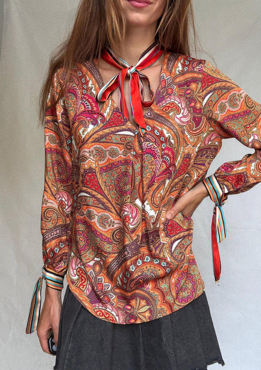 Paisley bow blouse by Ema Blue&#39;s – vintage-inspired long sleeve shirt with neck and wrist ties – size 2 retro print top