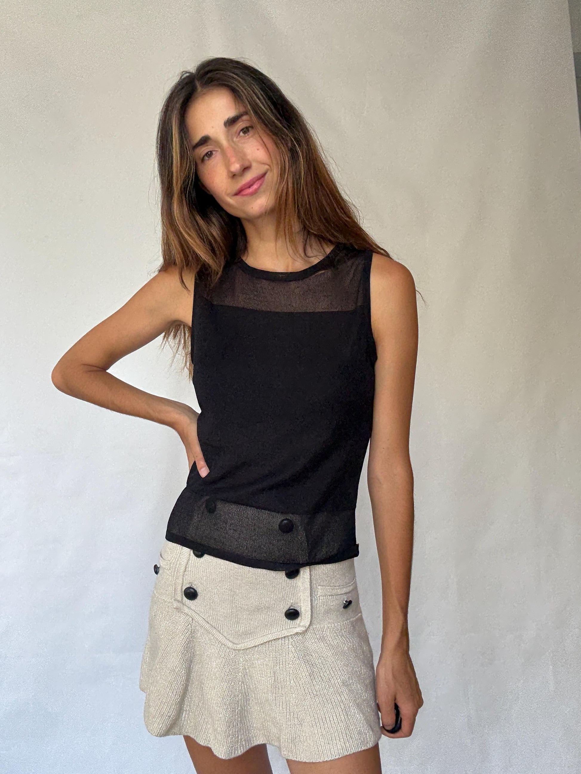 Sheer Panel Black Mesh Tank Top | Vintage Y2K Sleeveless Shirt, Size S