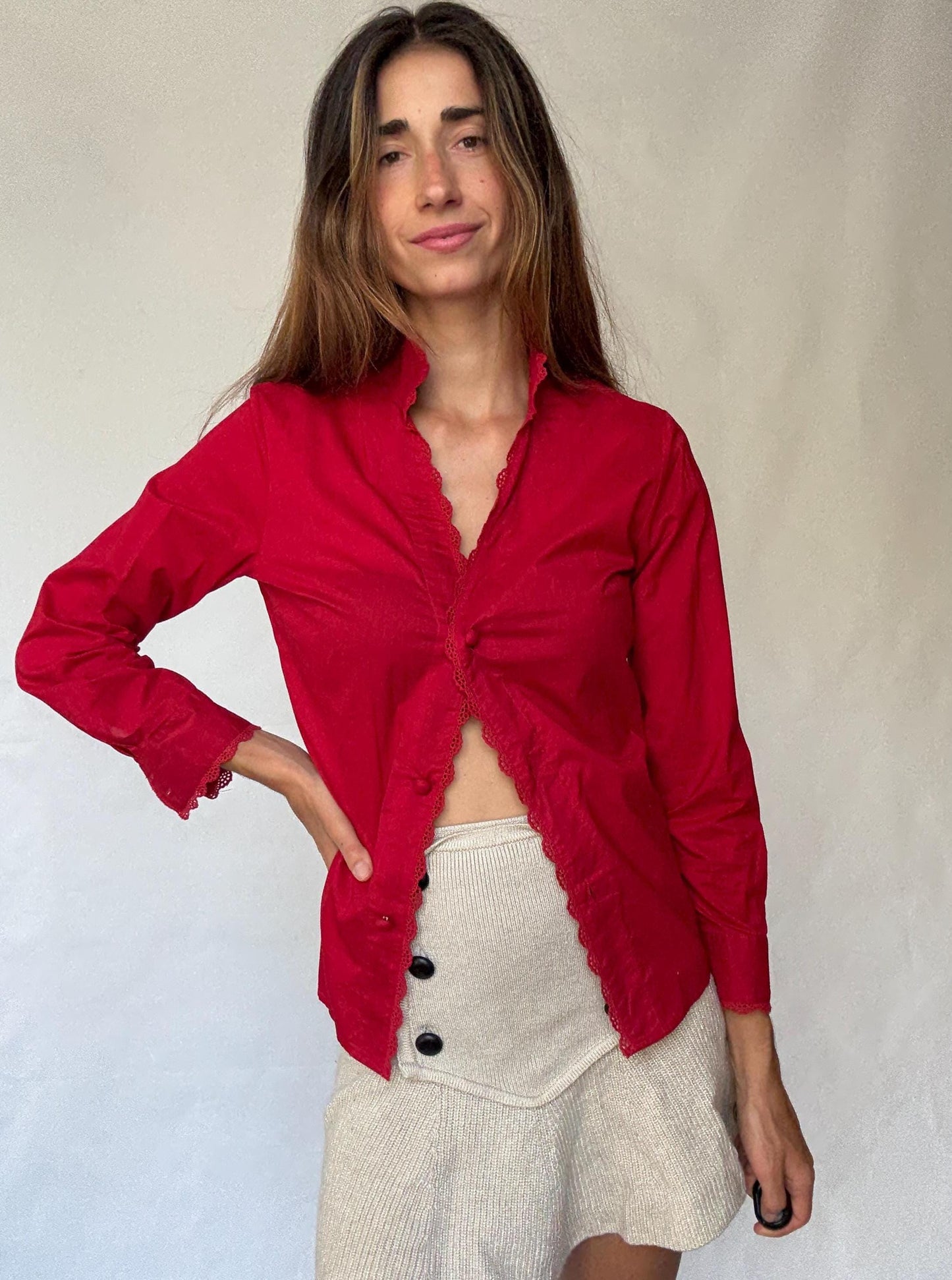 Rosalita McGee Red Blouse with Lace Trim | Spanish Romantic Shirt, Lovecore red valentines day shirt, Size L