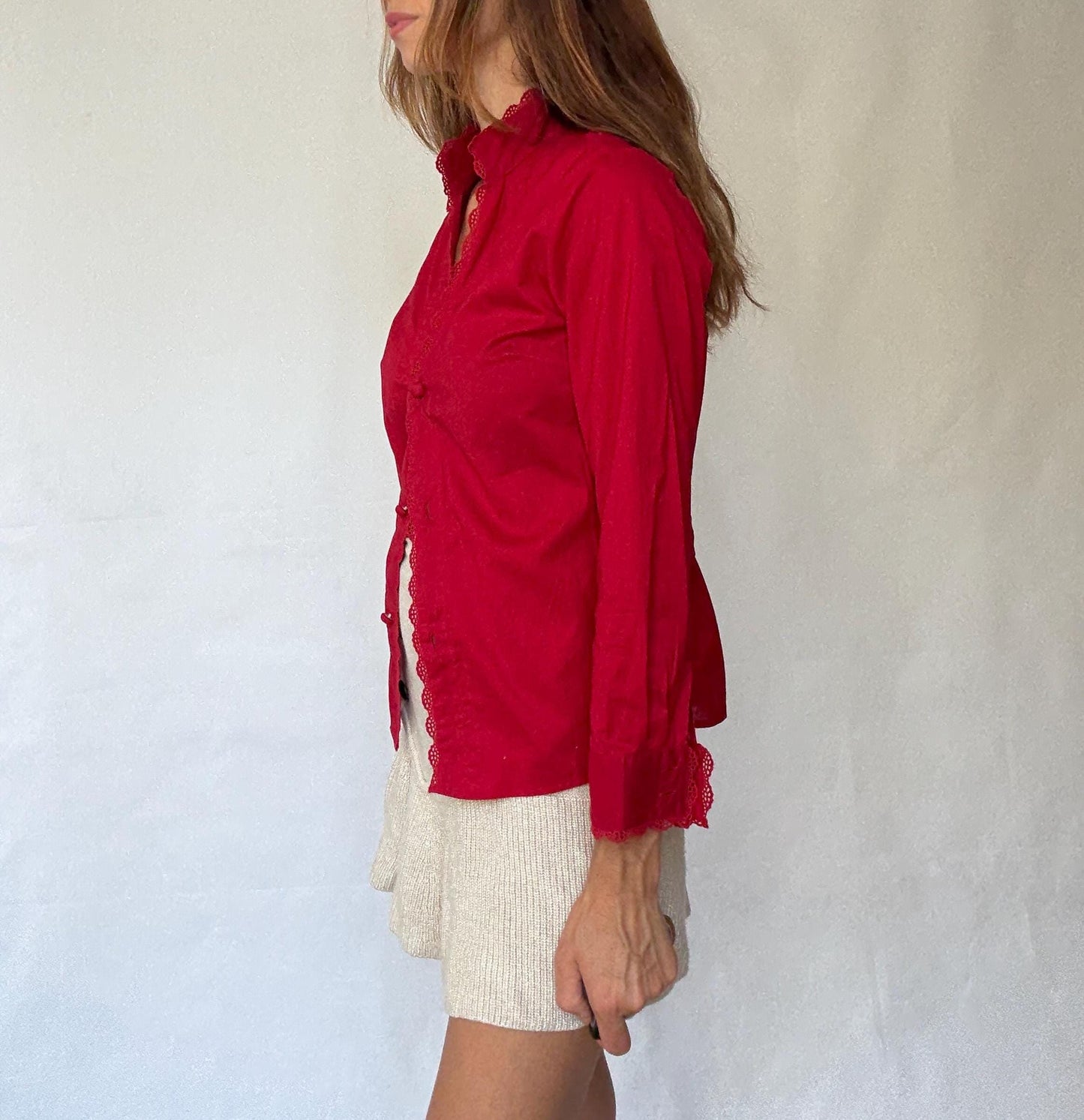 Rosalita McGee Red Blouse with Lace Trim | Spanish Romantic Shirt, Lovecore red valentines day shirt, Size L