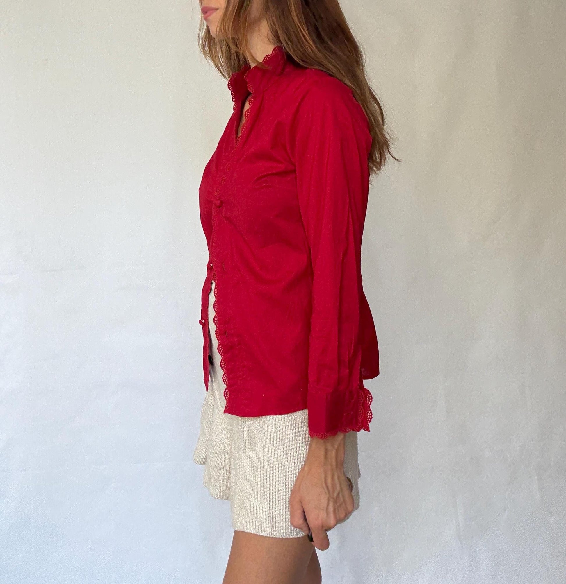 Rosalita McGee Red Blouse with Lace Trim | Spanish Romantic Shirt, Lovecore red valentines day shirt, Size L