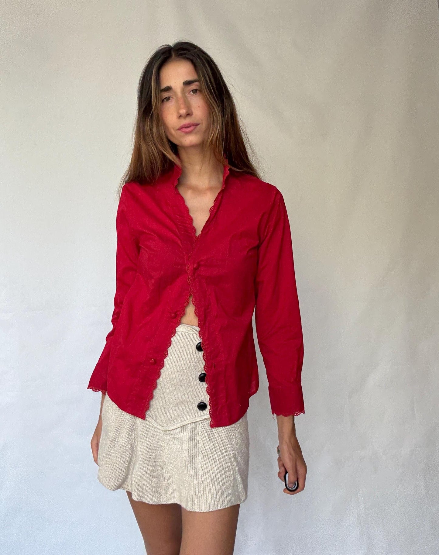 Rosalita McGee Red Blouse with Lace Trim | Spanish Romantic Shirt, Lovecore red valentines day shirt, Size L