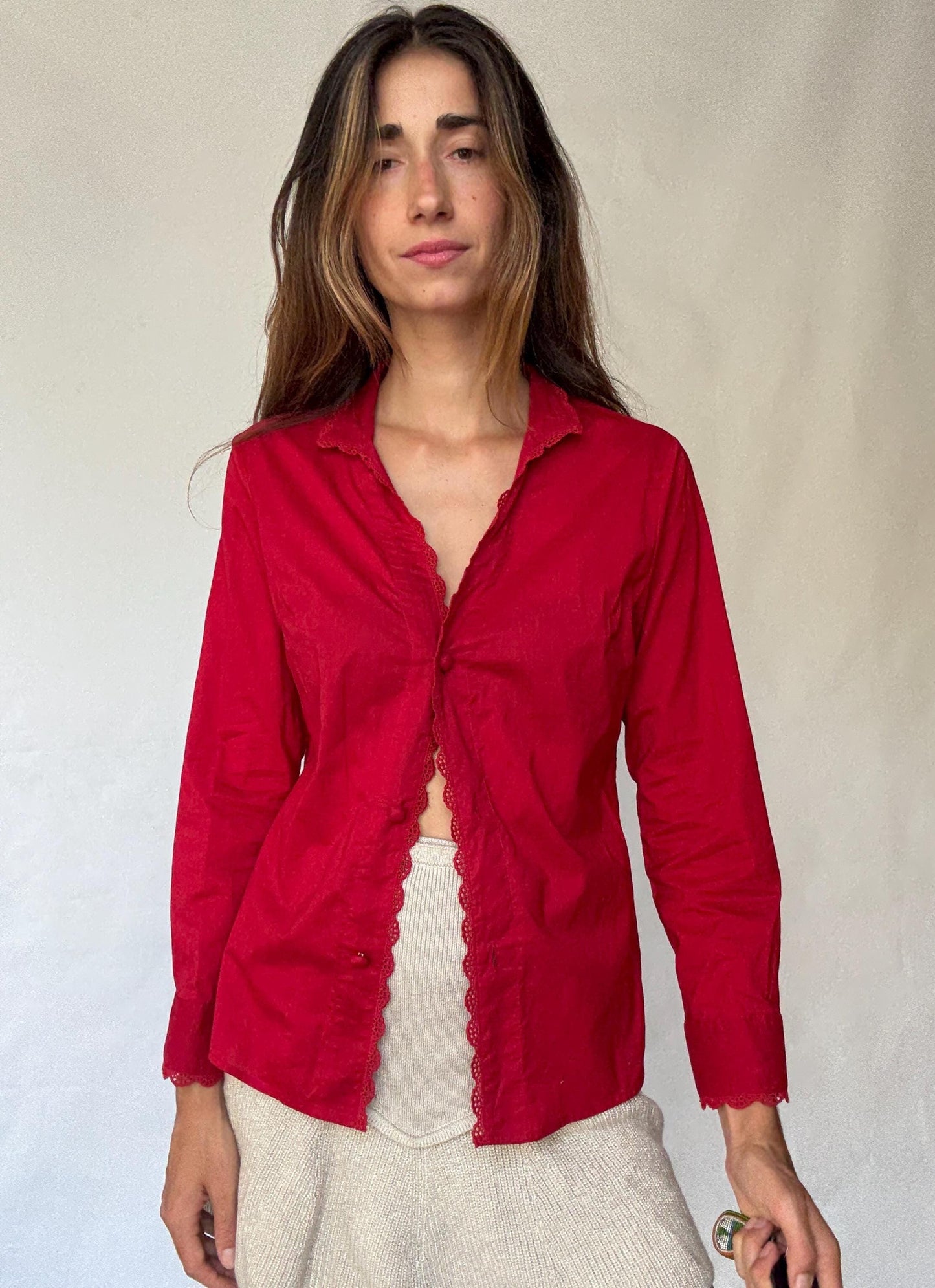Rosalita McGee Red Blouse with Lace Trim | Spanish Romantic Shirt, Lovecore red valentines day shirt, Size L