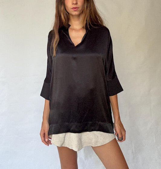 Adolfo Dominguez oversized satin black blouse with 3/4 sleeves, minimal neckline, modern size M