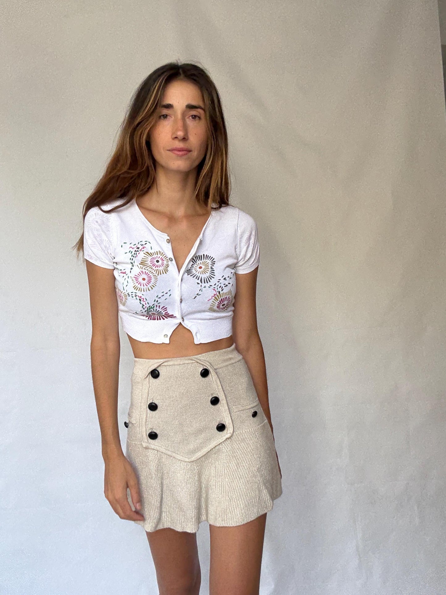 Vintage Adolfo Dominguez cropped floral cotton cardigan with mother of pearl buttons, XS fit, colorful Y2K summer knit aesthetic