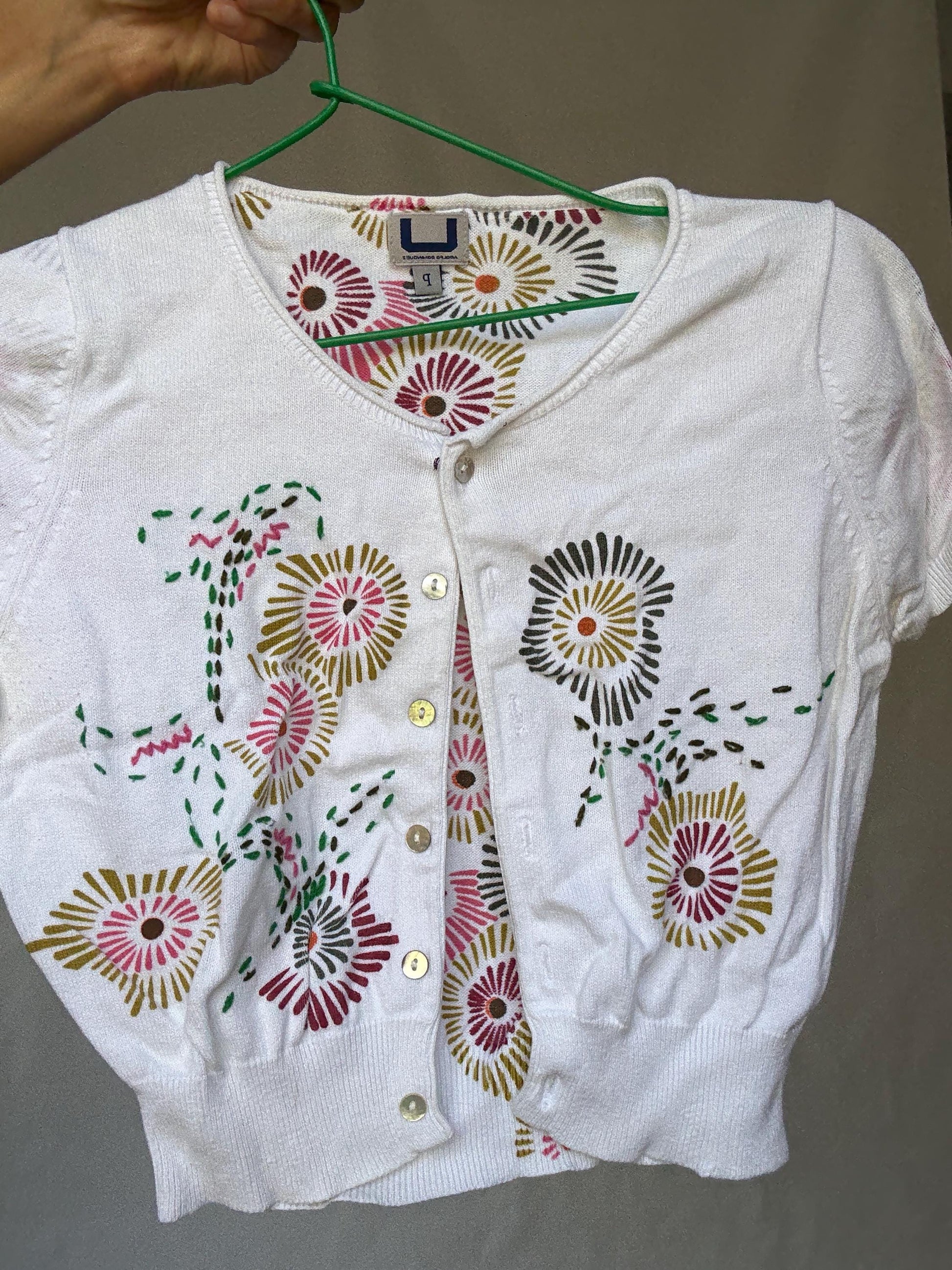 Vintage Adolfo Dominguez cropped floral cotton cardigan with mother of pearl buttons, XS fit, colorful Y2K summer knit aesthetic